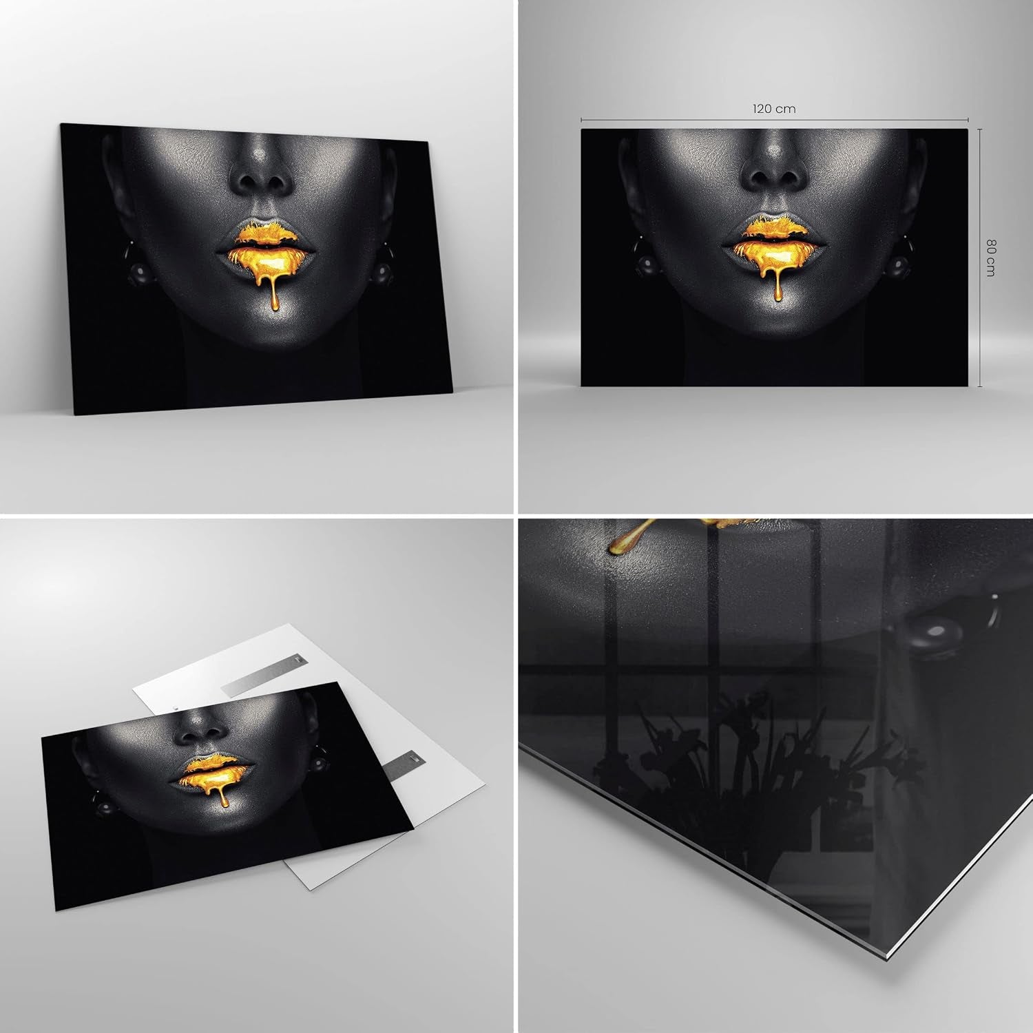 Golden Lips Glasbild Schwarz-Gold 120 x 80 cm