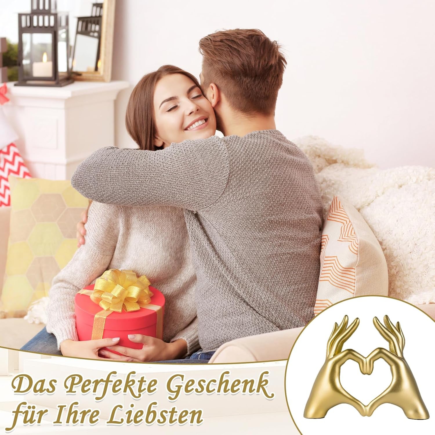 Goldene Herz Hand Skulptur, Herzform Hand Statue, Liebe Finger Deko Gold Aus Resin, Minimalistisches Herz Deko Für Wohnzimmer, Schlafzimmer, Büro & Bücherregal