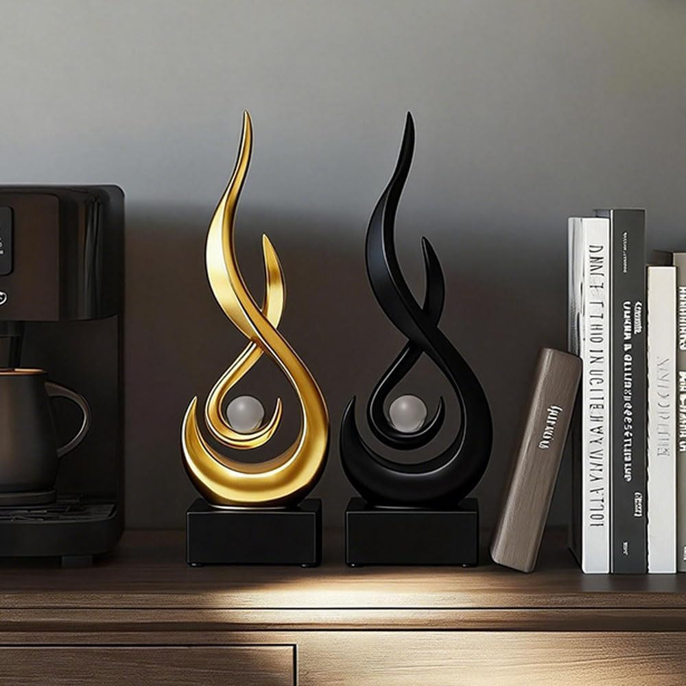 2 Stück Deko Flamme Skulptur Moderne Skulpturen Dekor Aus Kunstharz 29 X 8.7 X 4 Cm Abstrakte Kunst Skulptur Flamme Deko Moderne Statue Mit Glaskugel Für Wohnzimmer Büro Regal (Gold, Schwarz)