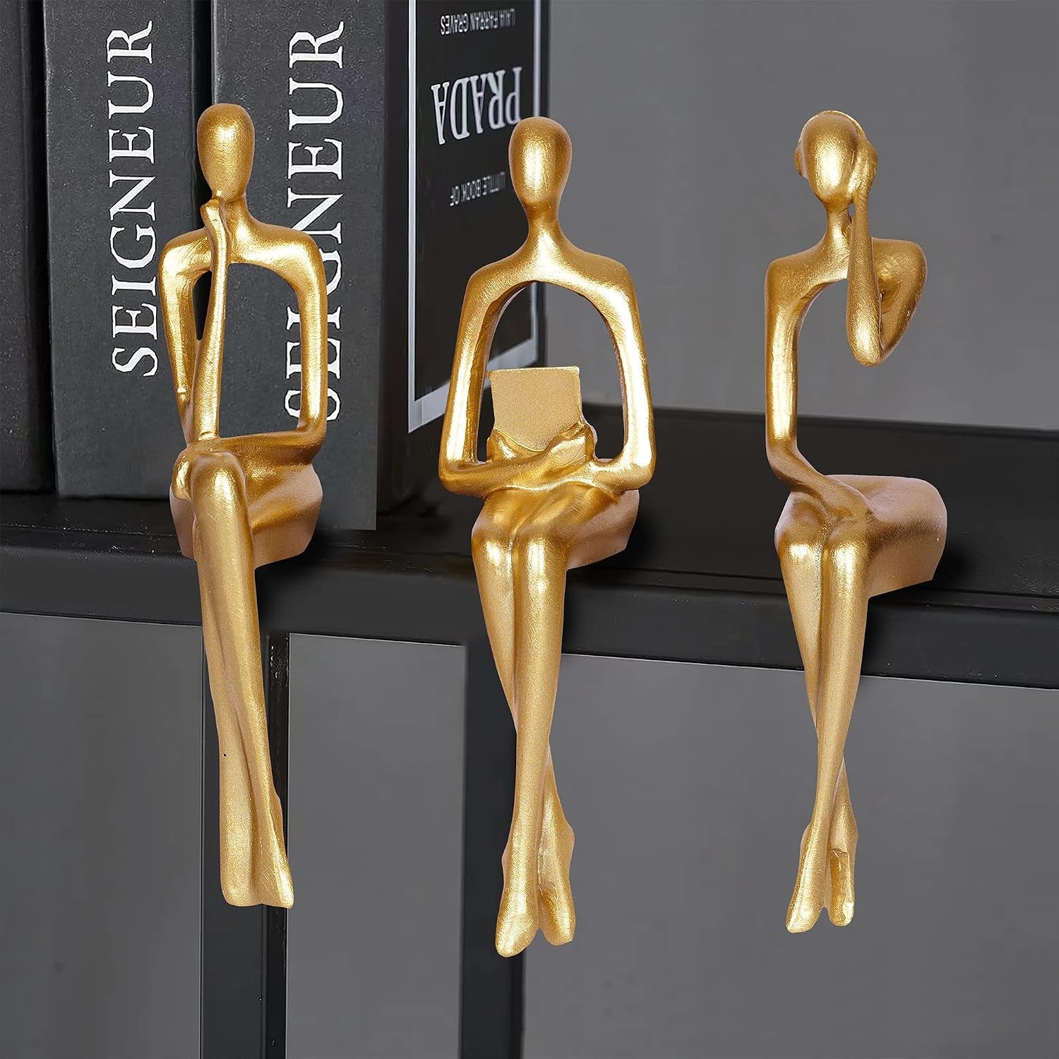 3 Stück Gold Dekor Denker Statue Abstrakte Kunst Skulptur Dekorationen Lesen Frauen Figur Modern Sitzregal Dekor Für Wohnkultur Wohnzimmer Bücherregal Couchtisch Desktop Büro Dekoration (Gold)