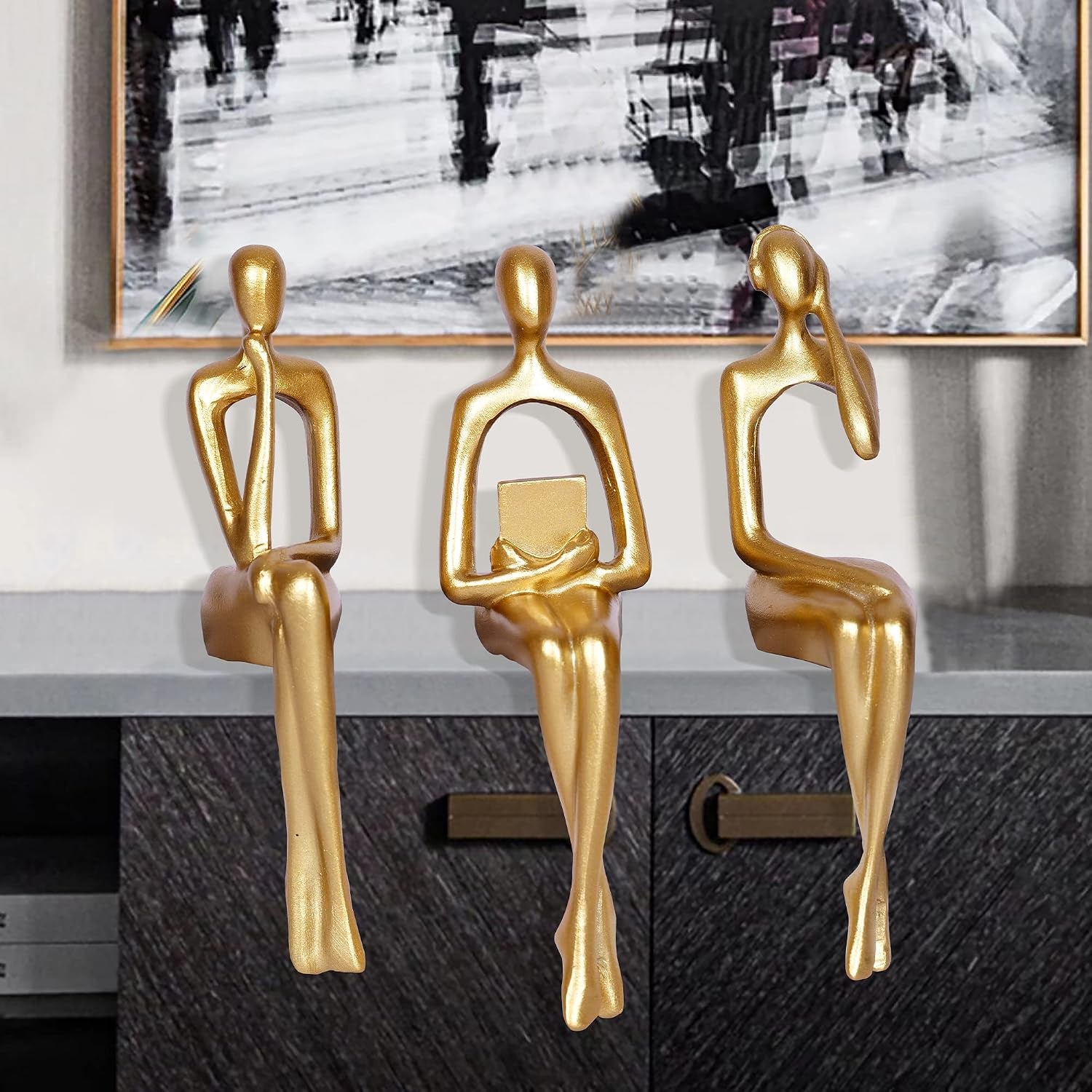3 Stück Gold Dekor Denker Statue Abstrakte Kunst Skulptur Dekorationen Lesen Frauen Figur Modern Sitzregal Dekor Für Wohnkultur Wohnzimmer Bücherregal Couchtisch Desktop Büro Dekoration (Gold)