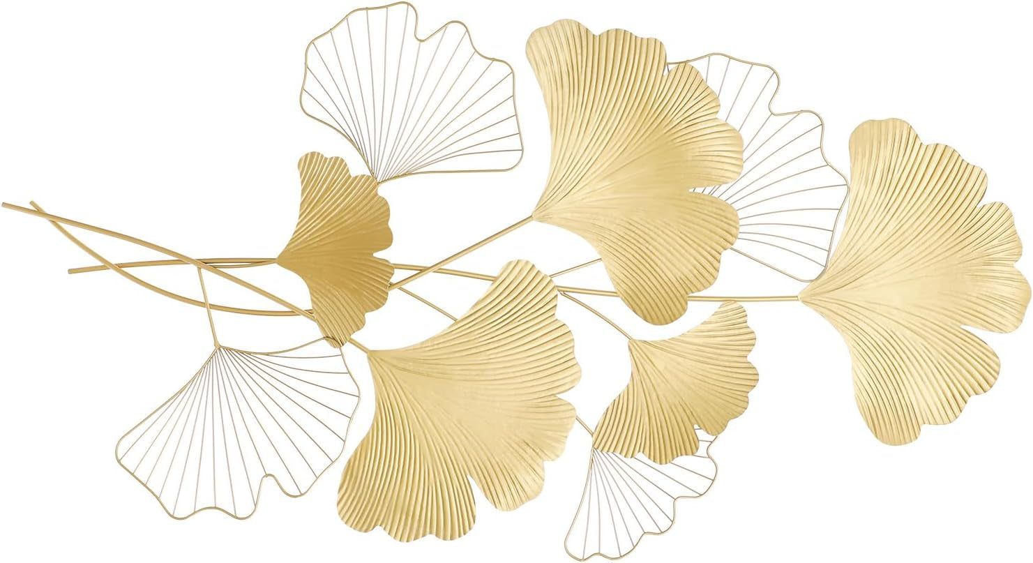 Wanddekoration Ginkgo 3D Wandbild Metall Wanddeko Blätter Wandverzierung Hintergrund Wand Wohnzimmer Elegante Dekoration Wandmontiert Wandskulpturen Für Foyer, Esszimmer, Lobby, Gold, 110X55 Cm