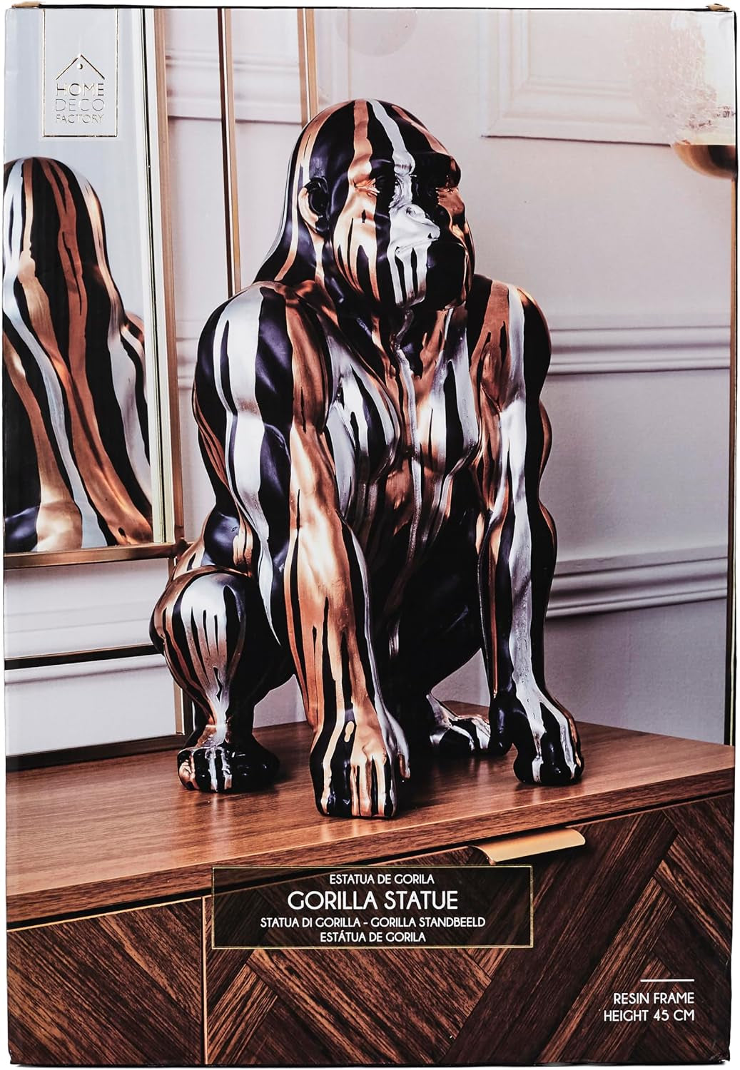 HOME DECO FACTORY, HD0213, Black Gorilla Statue with Gold and Silver Flowing, Contemporary Design, Durable Resin, Elegant Focal Point for Interior, H45 Cm, Black/Gold/Silver