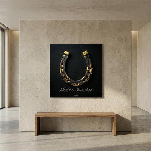 [Vergoldetes Hufeisen – Digitale Kunst | LAFFARTS Gallery] - Luxus Wandbild mit 24 Karat Gold | Dark Luxury Interior & Wanddekoration.