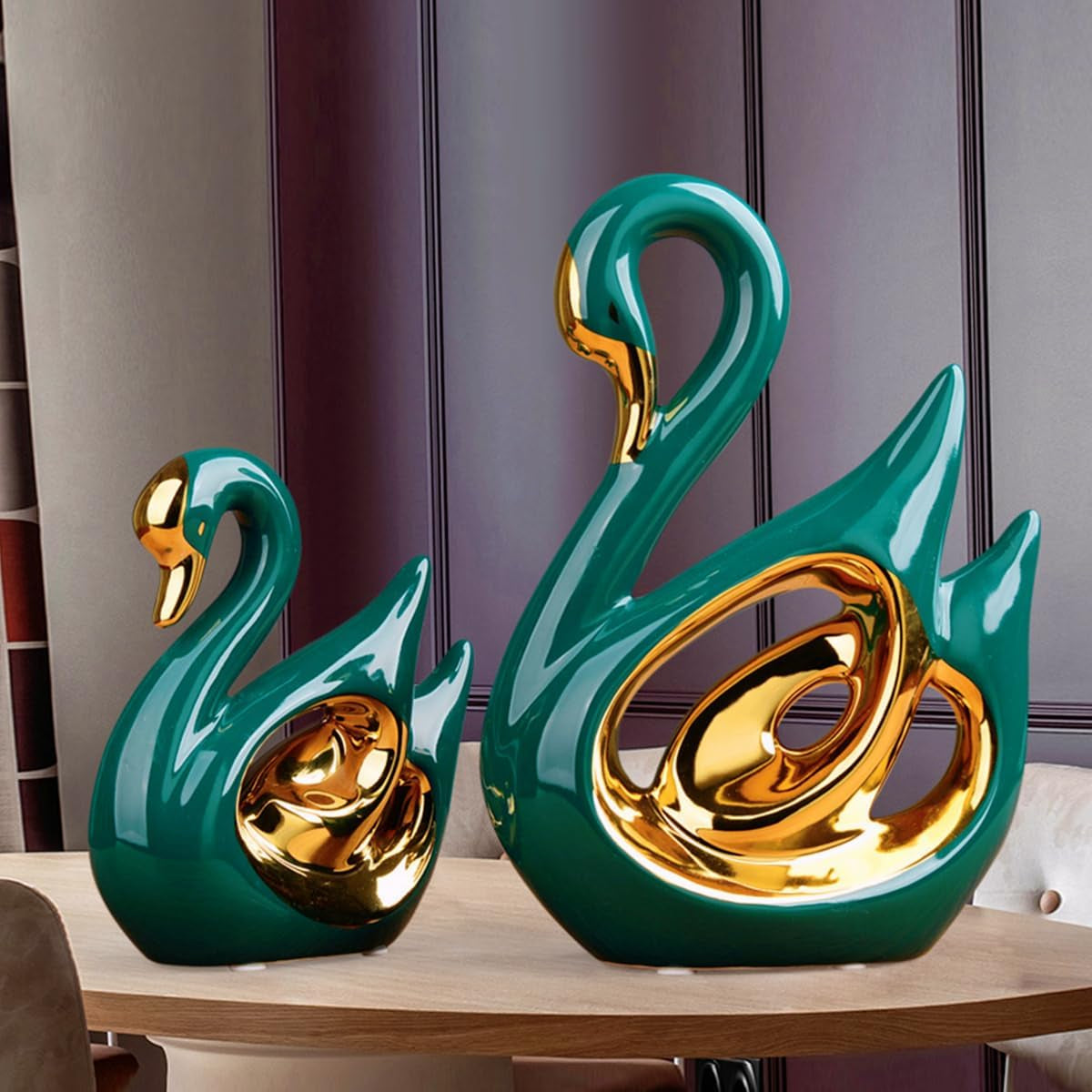 Swan Duo Gold-Grün Keramik-Skulpturen-Set