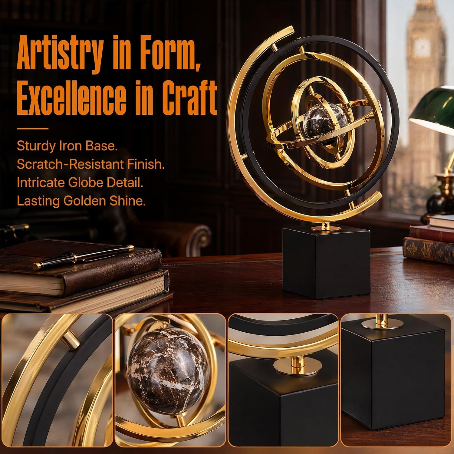 Metall Globus Deko Schwarz Gold, Abstrakte Skulptur Und Moderne Schreibtisch Deko, Stabiles Büro Accessoire Und Regal Dekoration, Elegantes Kunstobjekt Als Geschenk Für Einweihung