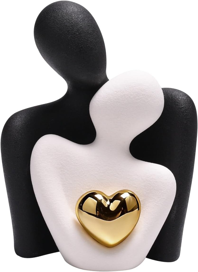 Romantische Paar Skulptur Mit Goldenem Herz Keramik Dekofigur Modern Schwarz Weiß Moderne Statue Für Wohnzimmer Hochzeitsgeschenk Heimdekoration