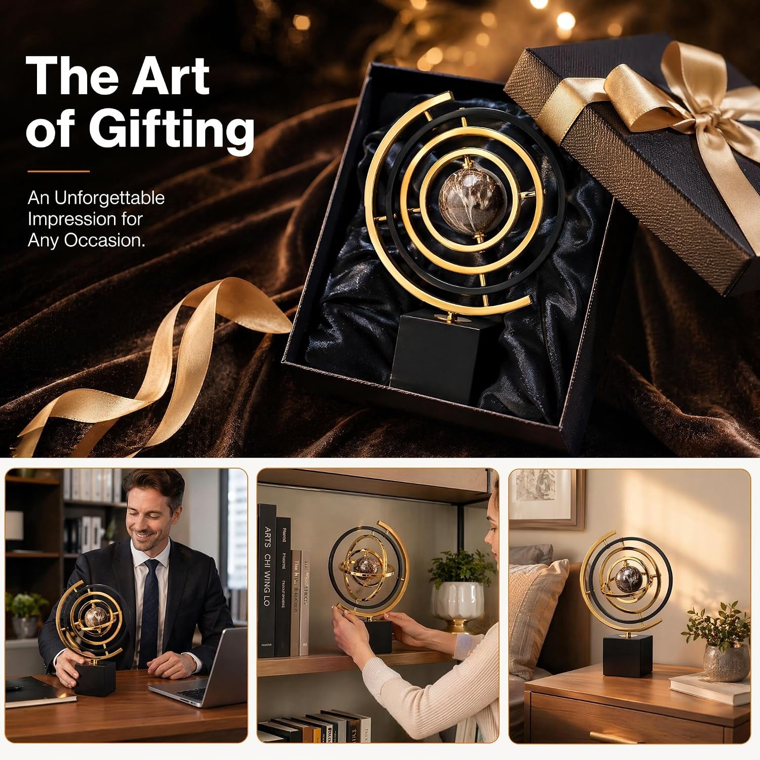 Metall Globus Deko Schwarz Gold, Abstrakte Skulptur Und Moderne Schreibtisch Deko, Stabiles Büro Accessoire Und Regal Dekoration, Elegantes Kunstobjekt Als Geschenk Für Einweihung