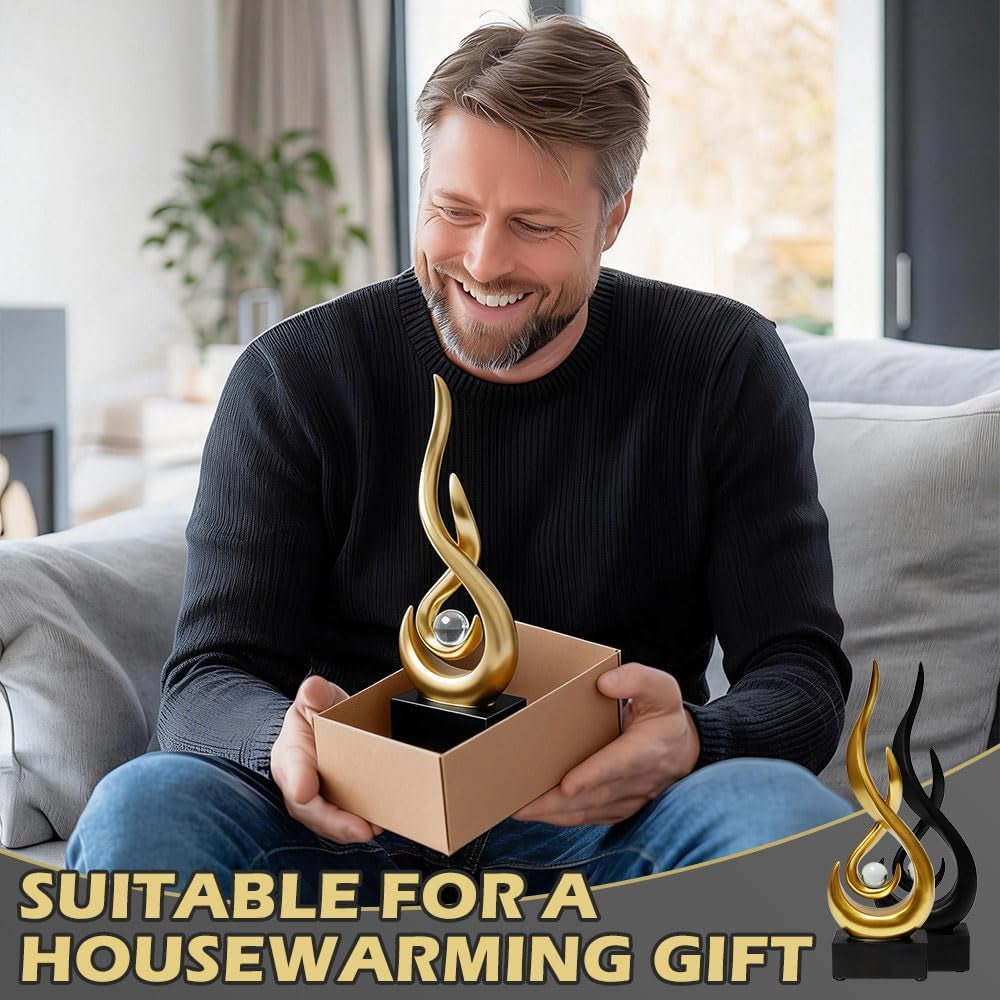 2 Stück Deko Flamme Skulptur Moderne Skulpturen Dekor Aus Kunstharz 29 X 8.7 X 4 Cm Abstrakte Kunst Skulptur Flamme Deko Moderne Statue Mit Glaskugel Für Wohnzimmer Büro Regal (Gold, Schwarz)