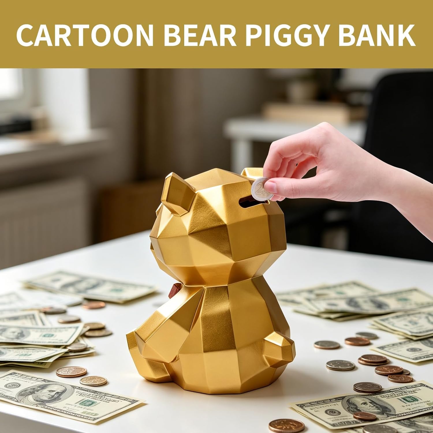 Geometrischer Bär Sparschwein Gold 20 Cm 3D Polygon Design Luxus Spardose Haushaltskasse Geschenk Für Geburtstag Deko Sparbüchse
