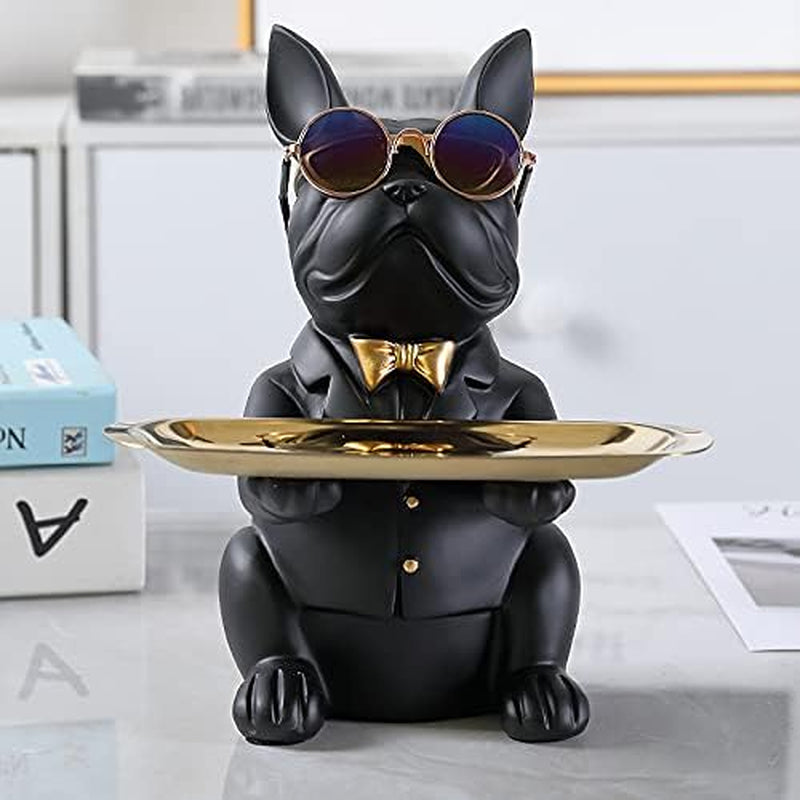 Coole Bulldogge Skulptur Französisch Statue Mit Edelstahl Tablett, Statue, Tischdekoration, Mode, Heimtextilien, Multifunktion, Schreibtisch Lagerung,Schwarz,B