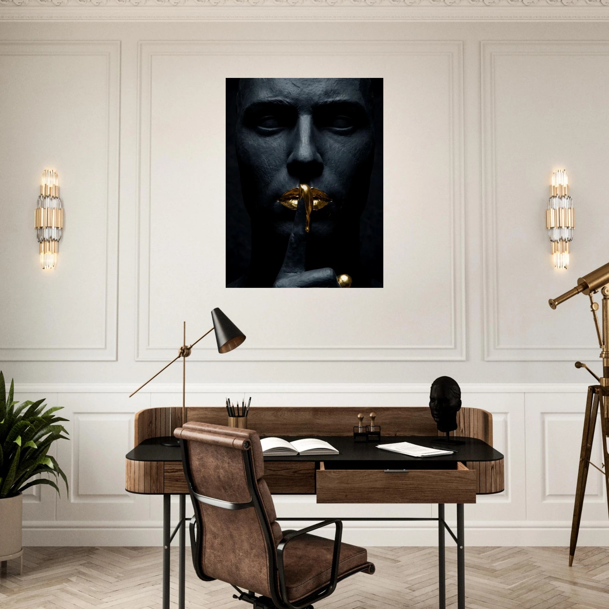 [THE GOLDEN SILENCE |Statue in Obsidian-Optik mit vergoldeten Lippen| Luxus Wandbild für Strategen] - Luxus Wandbild mit 24 Karat Gold | Dark Luxury Interior & Wanddekoration.