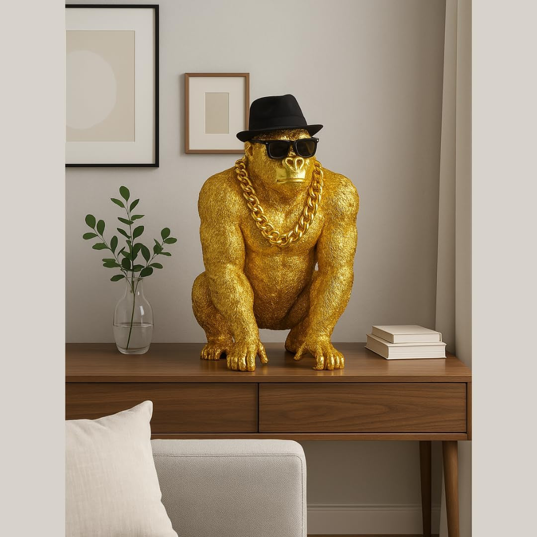 Bongo Gold – Statue Gorilla Gold Premium Dekofigur Mit Brille & Kette Gold – Skulptur Design XXL – Außergewöhnliche Französische Kreation Für Wohnzimmer Büro (Gold)