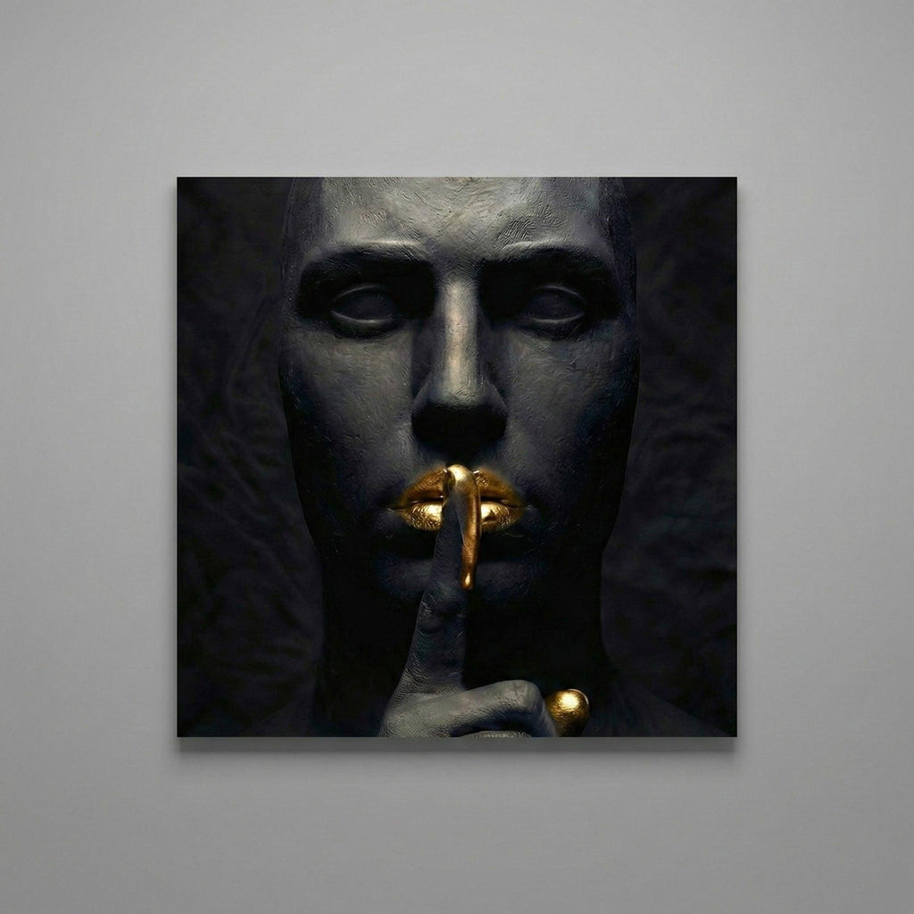 [THE GOLDEN SILENCE |Statue in Obsidian-Optik mit vergoldeten Lippen| Luxus Wandbild für Strategen | High-Res Download] - Luxus Wandbild mit 24 Karat Gold | Dark Luxury Interior & Wanddekoration.