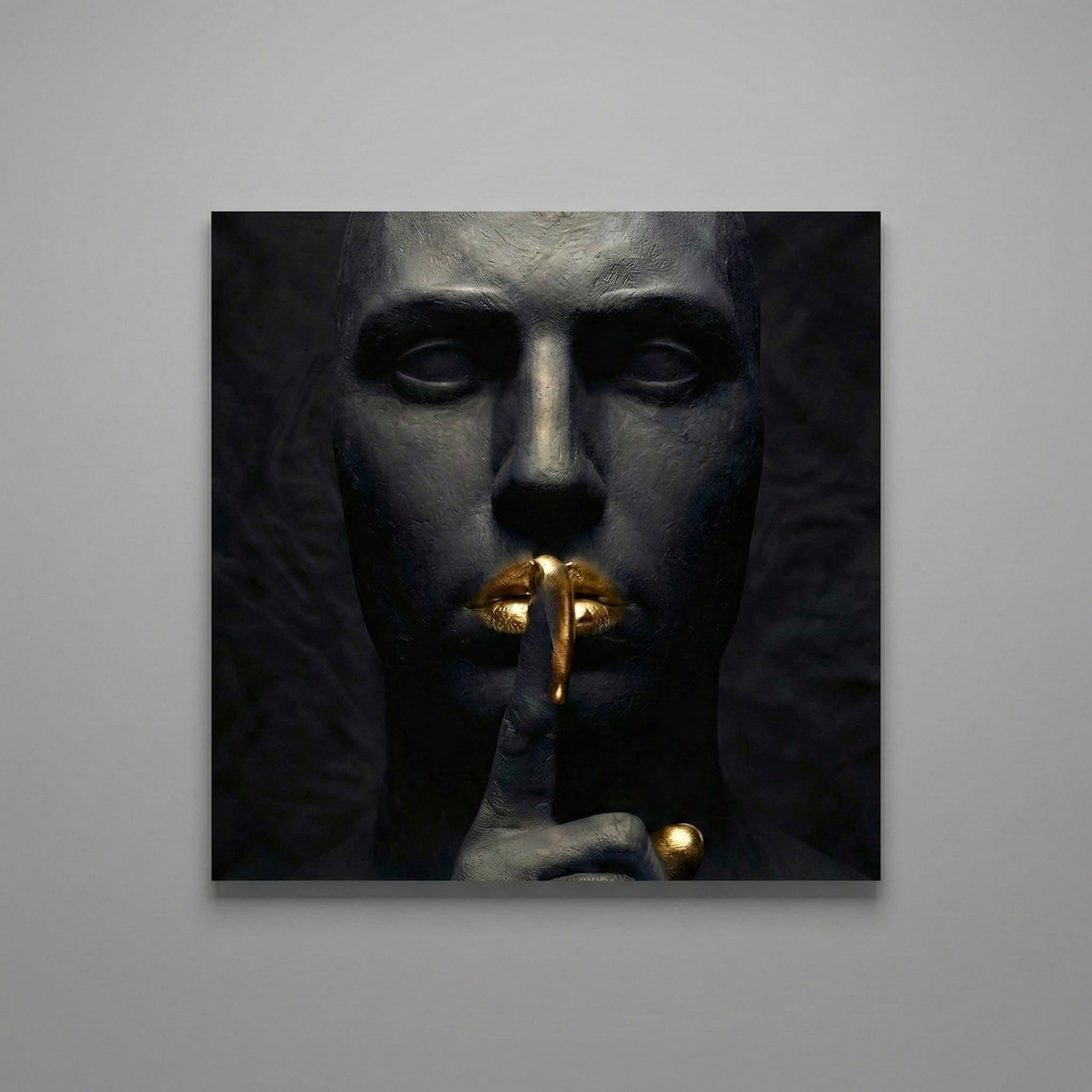 [THE GOLDEN SILENCE |Statue in Obsidian-Optik mit vergoldeten Lippen| Luxus Wandbild für Strategen | High-Res Download] - Luxus Wandbild mit 24 Karat Gold | Dark Luxury Interior & Wanddekoration.