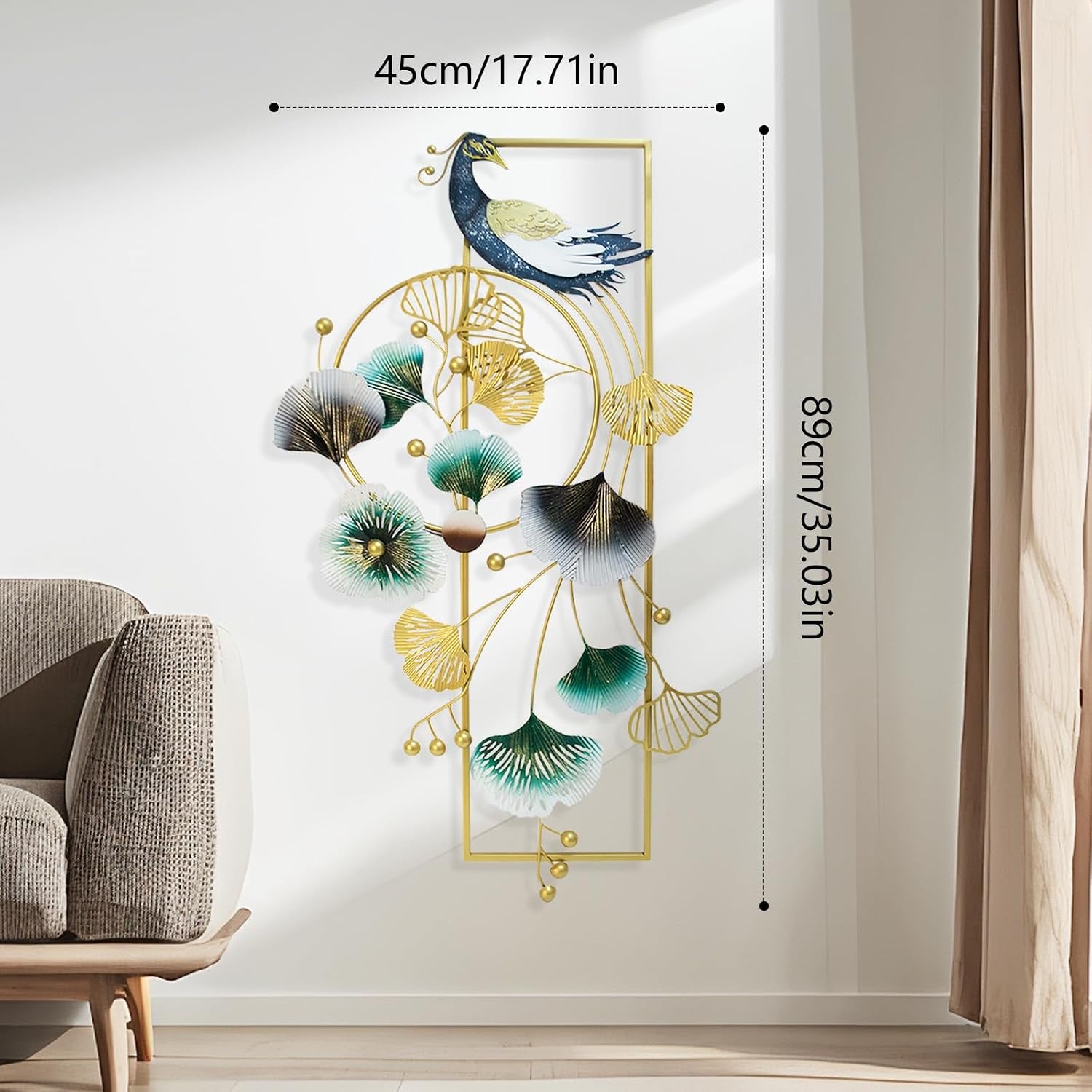 Wanddeko Wohnzimmer, 89 X 45Cm 3D Wanddekoration Wohnzimmer Wall Wanddeko Pfau Und Ginkgo Blätter Metall Wand Deko Hängende Esszimmer Korridor Wanddekoration 3D Wandbild Wall Decor