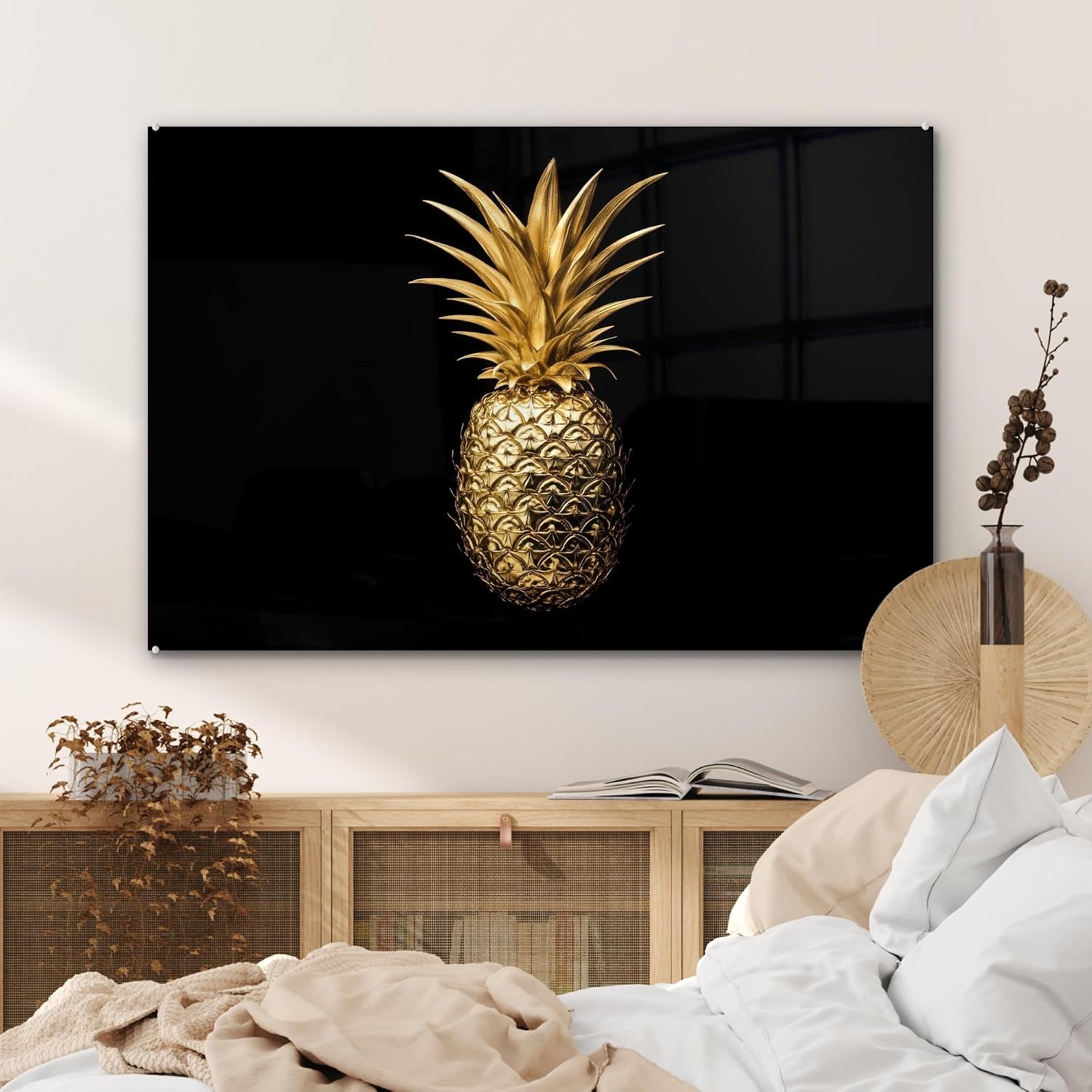 Pineapple Gold Glasbild Schwarz-Gold 120 x 80 cm