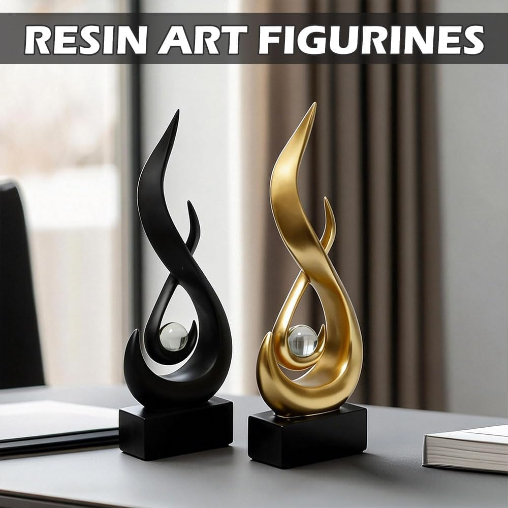 2 Stück Deko Flamme Skulptur Moderne Skulpturen Dekor Aus Kunstharz 29 X 8.7 X 4 Cm Abstrakte Kunst Skulptur Flamme Deko Moderne Statue Mit Glaskugel Für Wohnzimmer Büro Regal (Gold, Schwarz)