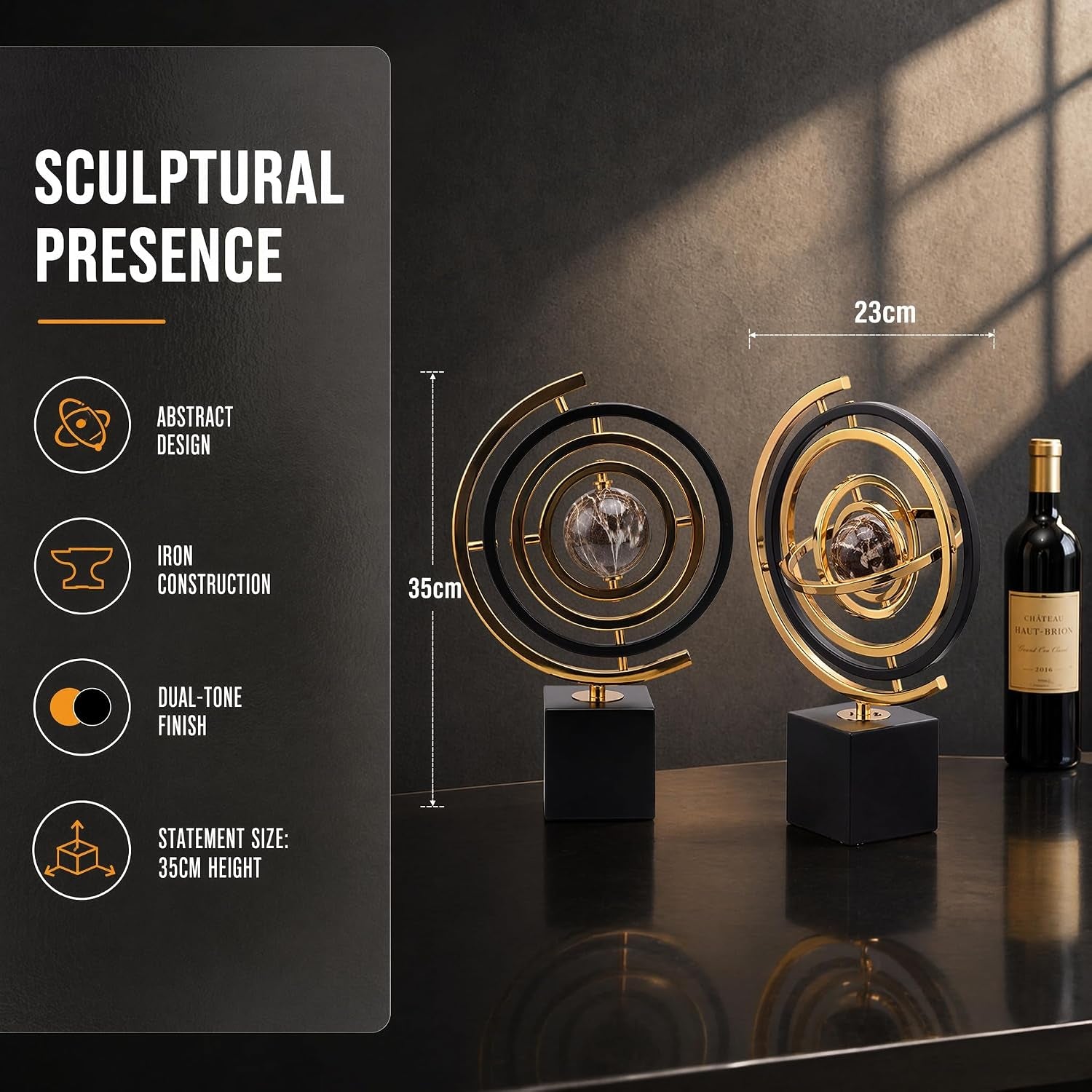 Metall Globus Deko Schwarz Gold, Abstrakte Skulptur Und Moderne Schreibtisch Deko, Stabiles Büro Accessoire Und Regal Dekoration, Elegantes Kunstobjekt Als Geschenk Für Einweihung