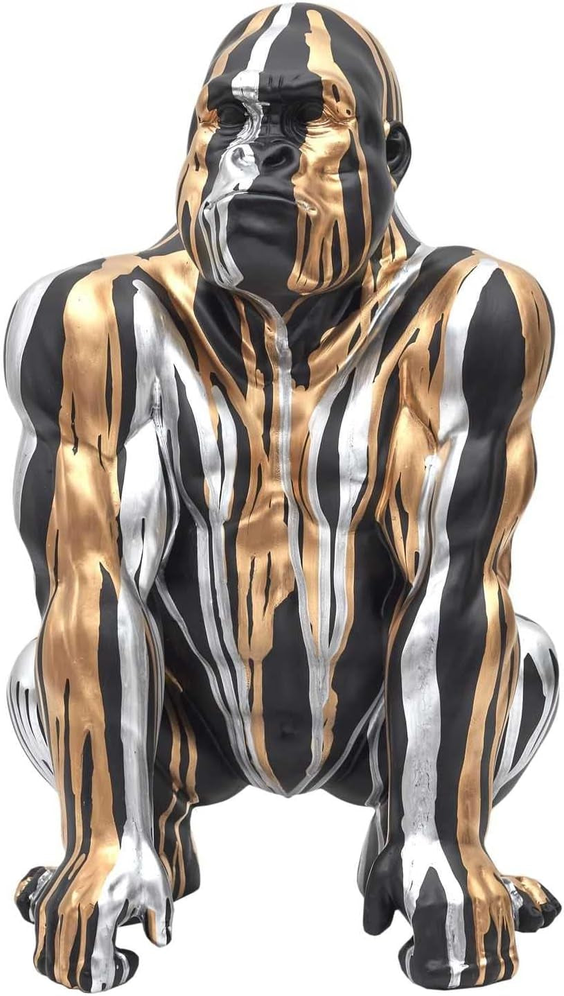 HOME DECO FACTORY, HD0213, Black Gorilla Statue with Gold and Silver Flowing, Contemporary Design, Durable Resin, Elegant Focal Point for Interior, H45 Cm, Black/Gold/Silver