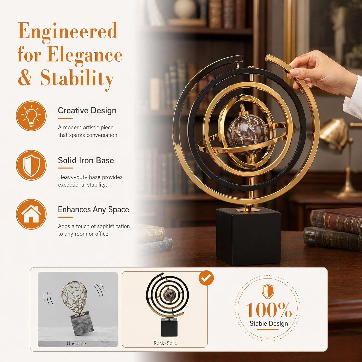 Metall Globus Deko Schwarz Gold, Abstrakte Skulptur Und Moderne Schreibtisch Deko, Stabiles Büro Accessoire Und Regal Dekoration, Elegantes Kunstobjekt Als Geschenk Für Einweihung
