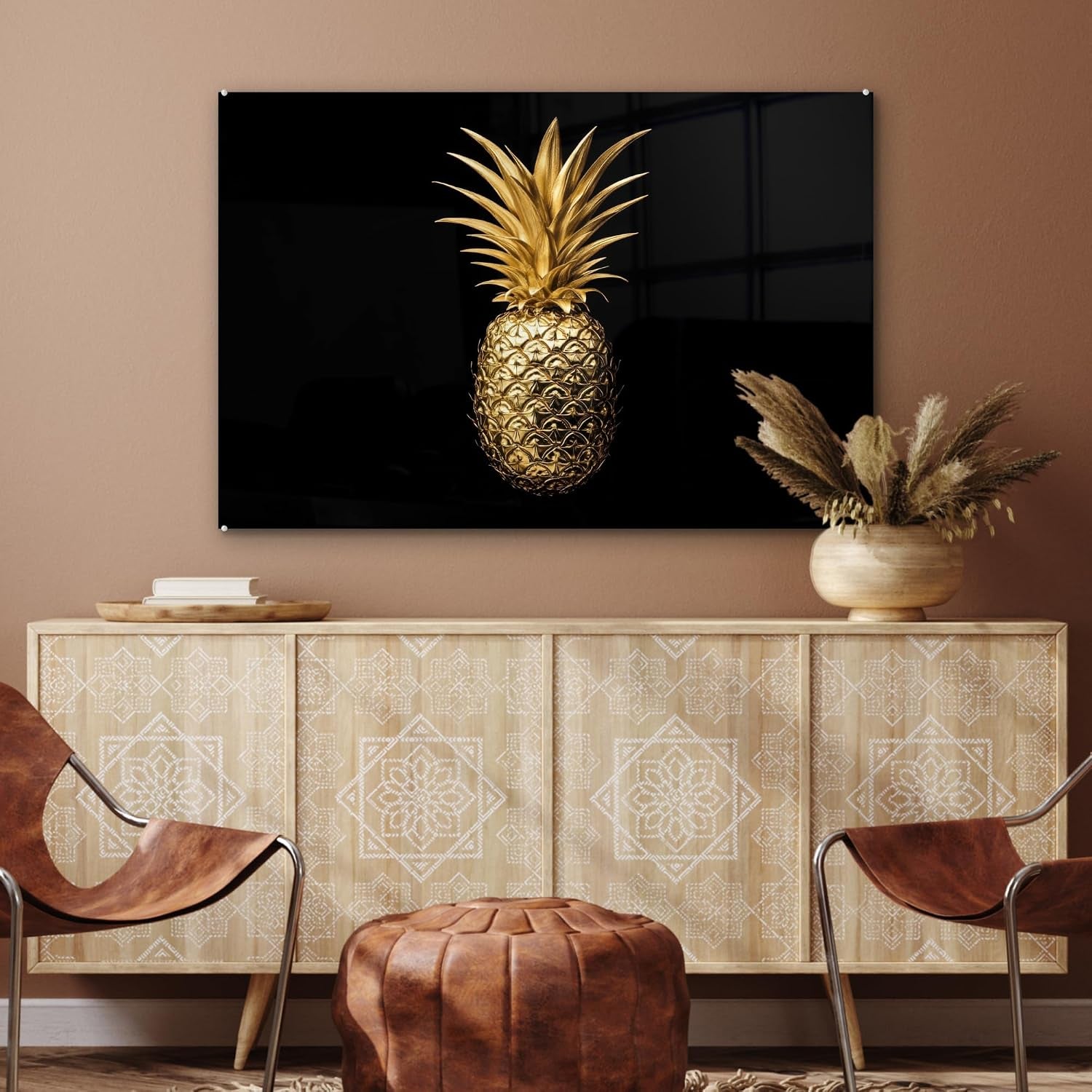 Pineapple Gold Glasbild Schwarz-Gold 120 x 80 cm