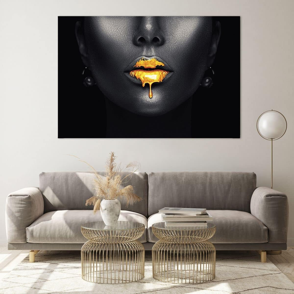 Golden Lips Glasbild Schwarz-Gold 120 x 80 cm