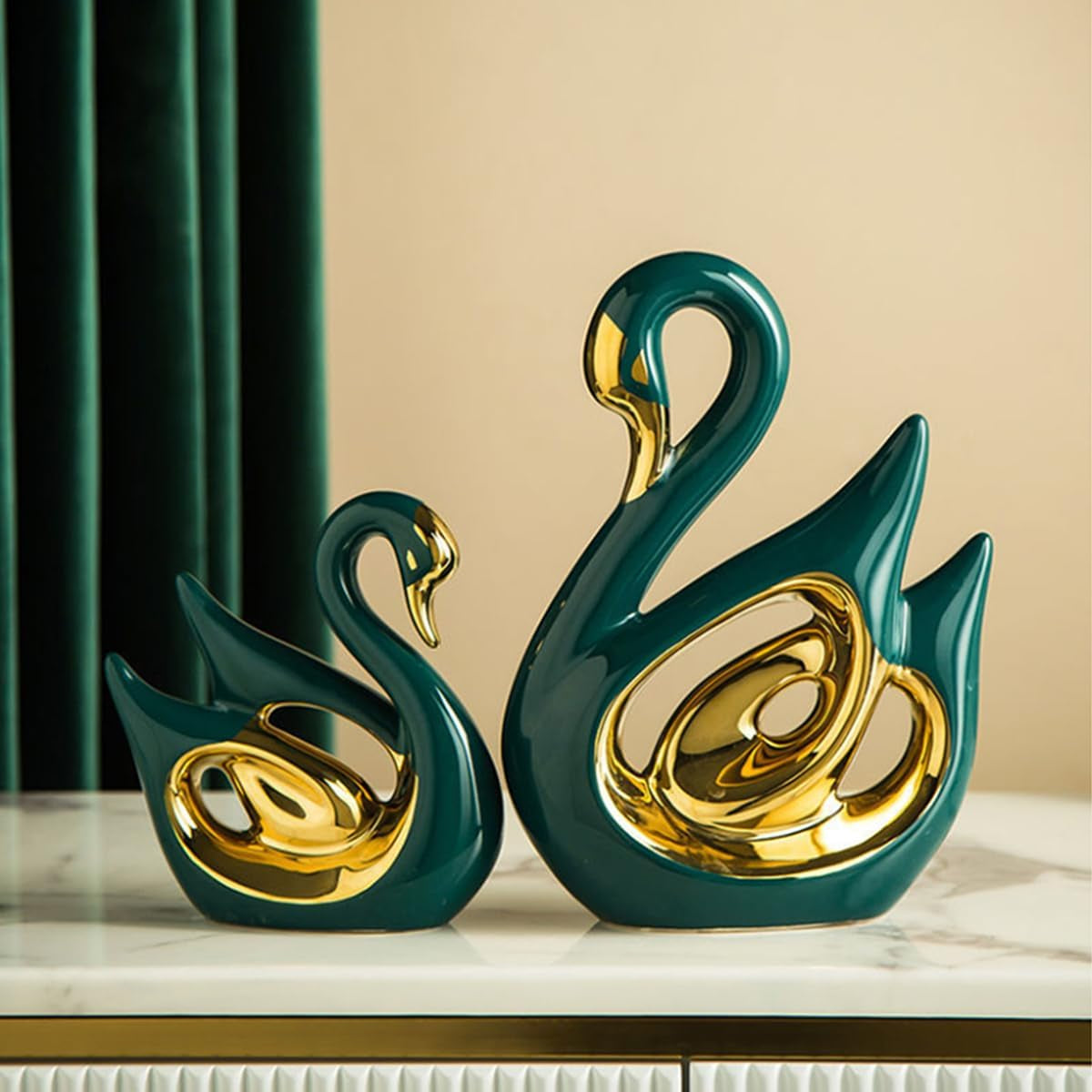 Swan Duo Gold-Grün Keramik-Skulpturen-Set