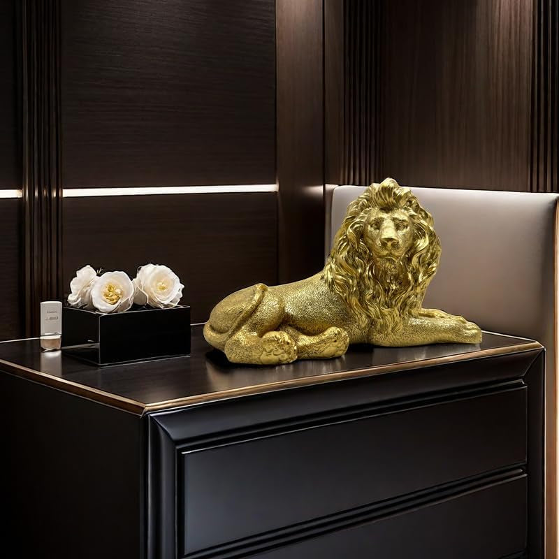 Goldener Löwe 25,4 cm | Kleine Tier-Skulptur fürs Office - Goldoptik Dekoobjekt