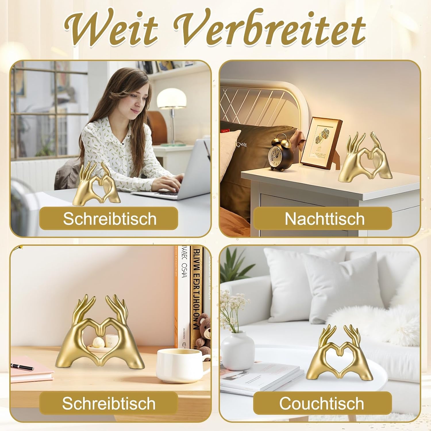 Goldene Herz Hand Skulptur, Herzform Hand Statue, Liebe Finger Deko Gold Aus Resin, Minimalistisches Herz Deko Für Wohnzimmer, Schlafzimmer, Büro & Bücherregal