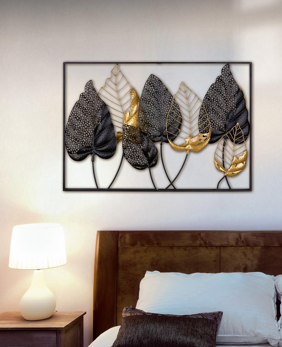 GILDE Deko Bild XXL Blätter - Metall Wanddekoration Rechteckig - Dekoration Wohnzimmer - Farben: Schwarz Gold Silber - 95 X 65 Cm