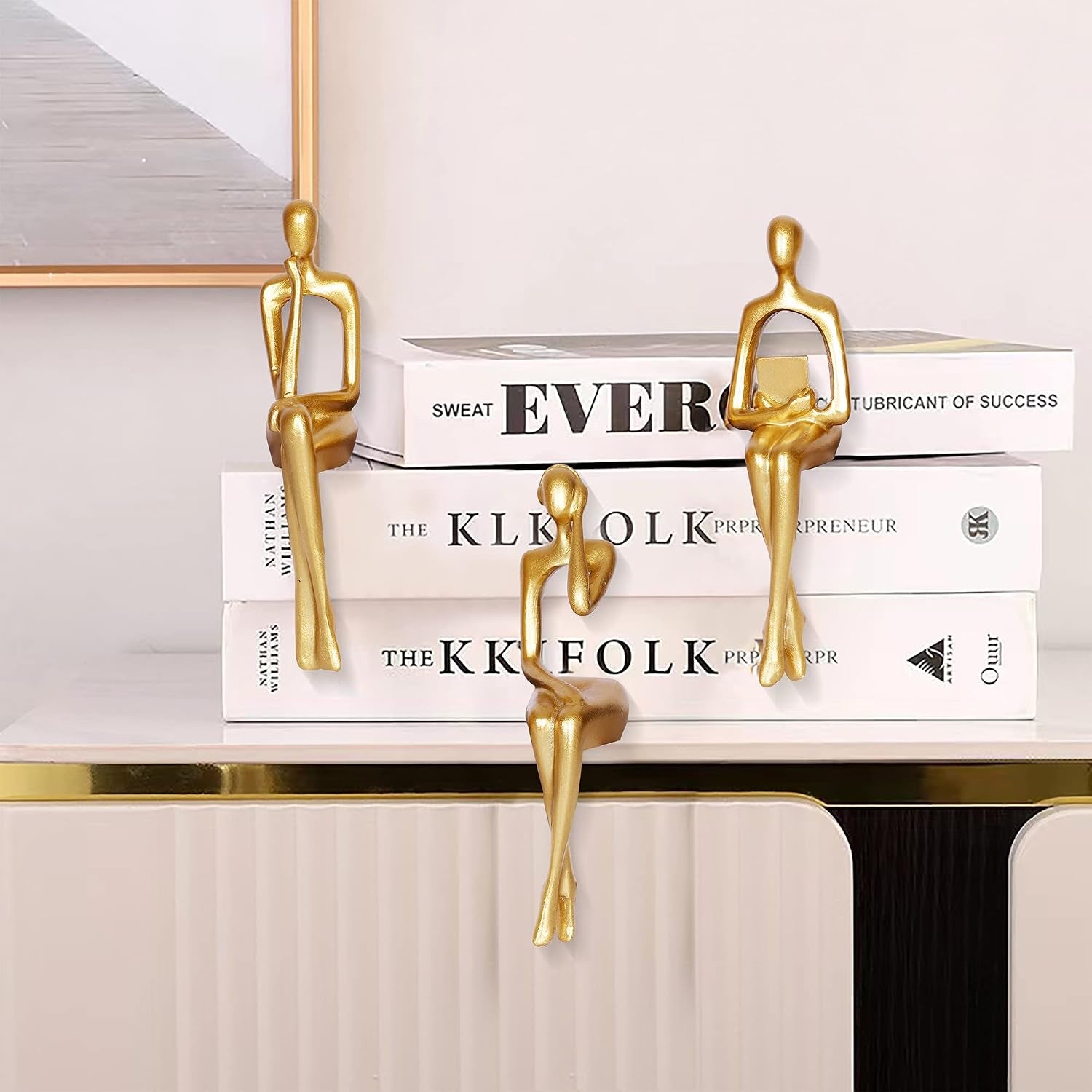 3 Stück Gold Dekor Denker Statue Abstrakte Kunst Skulptur Dekorationen Lesen Frauen Figur Modern Sitzregal Dekor Für Wohnkultur Wohnzimmer Bücherregal Couchtisch Desktop Büro Dekoration (Gold)