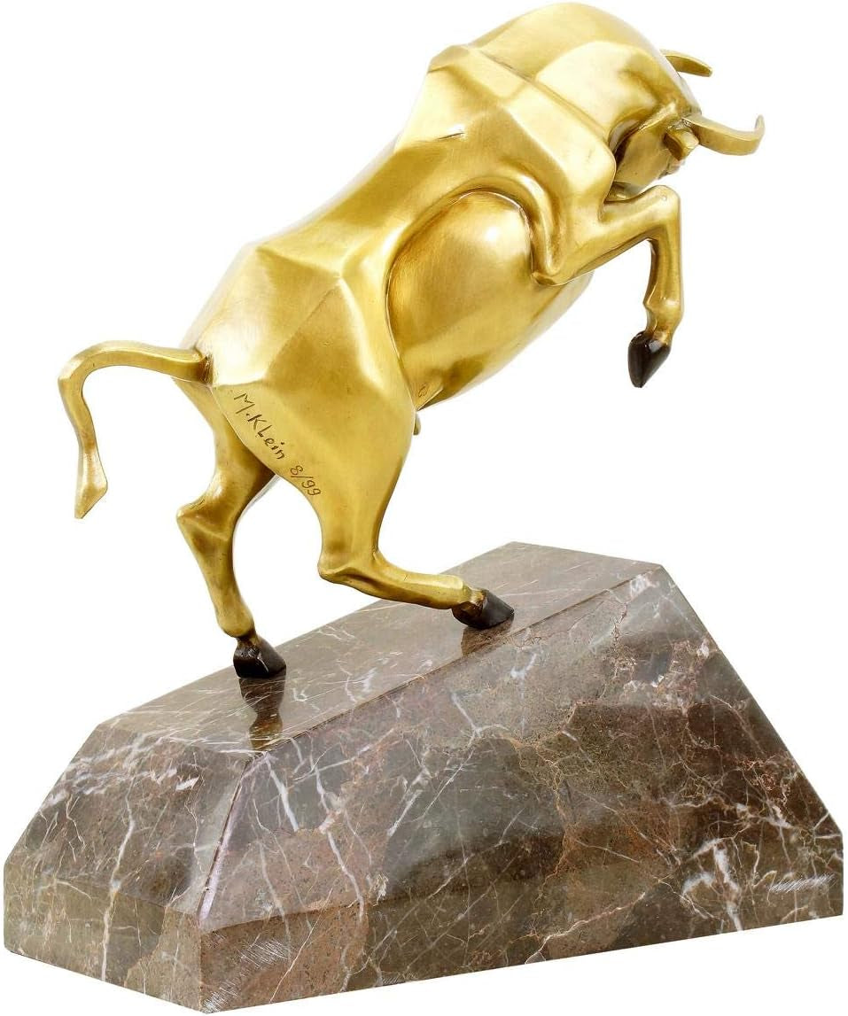 Bronze Börsen Stier Auf Marmorsockel - Limitierte Skulptur Von Martin Klein - Bulle/Taurus/Börsenbulle - Tierskulptur - Deko Statue - Höhe: 32 Cm - Büro - Wohnen - Moderne Kunst
