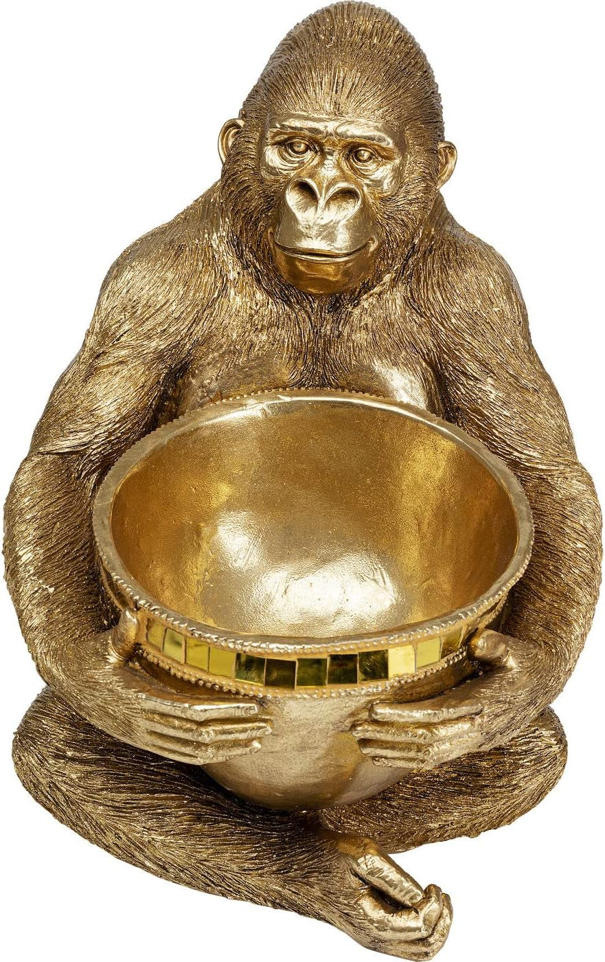 Kare Design Figur Gorilla Holding Bowl, Gold, Ø8Cm Stellfläche Schüssel, Deko, Handgearbeitet, Unikat, Einzelstück, Höhe 41Cm