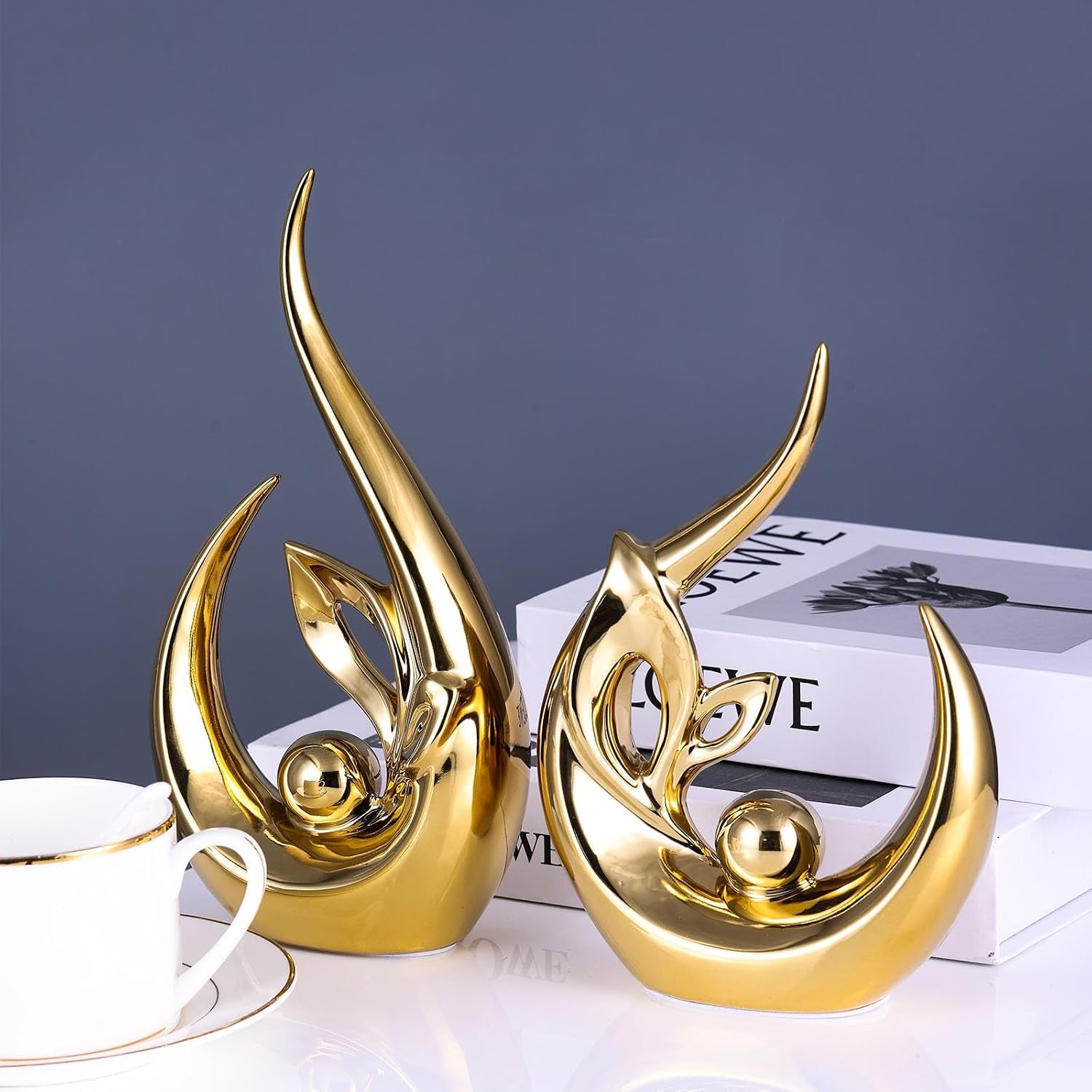 XMGZQ Gold Keramik Statue Satz Von 2,Moderne Abstrakte Skulptur Design,24 Cm Porzellan Figuren Haus Deko,Tischdekoration Für Wohnzimmer,Schlafzimmer,Esszimmer,Büro,Kunststatue