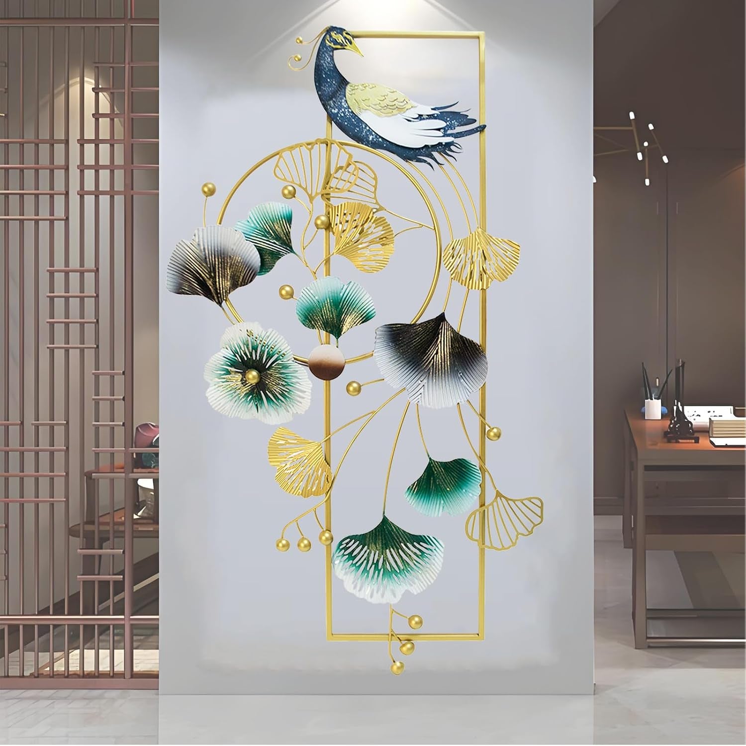 Wanddeko Wohnzimmer, 89 X 45Cm 3D Wanddekoration Wohnzimmer Wall Wanddeko Pfau Und Ginkgo Blätter Metall Wand Deko Hängende Esszimmer Korridor Wanddekoration 3D Wandbild Wall Decor