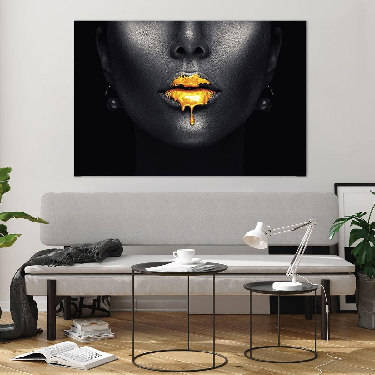 Golden Lips Glasbild Schwarz-Gold 120 x 80 cm