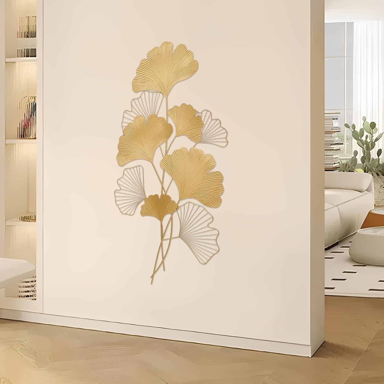 Wanddekoration Ginkgo 3D Wandbild Metall Wanddeko Blätter Wandverzierung Hintergrund Wand Wohnzimmer Elegante Dekoration Wandmontiert Wandskulpturen Für Foyer, Esszimmer, Lobby, Gold, 110X55 Cm