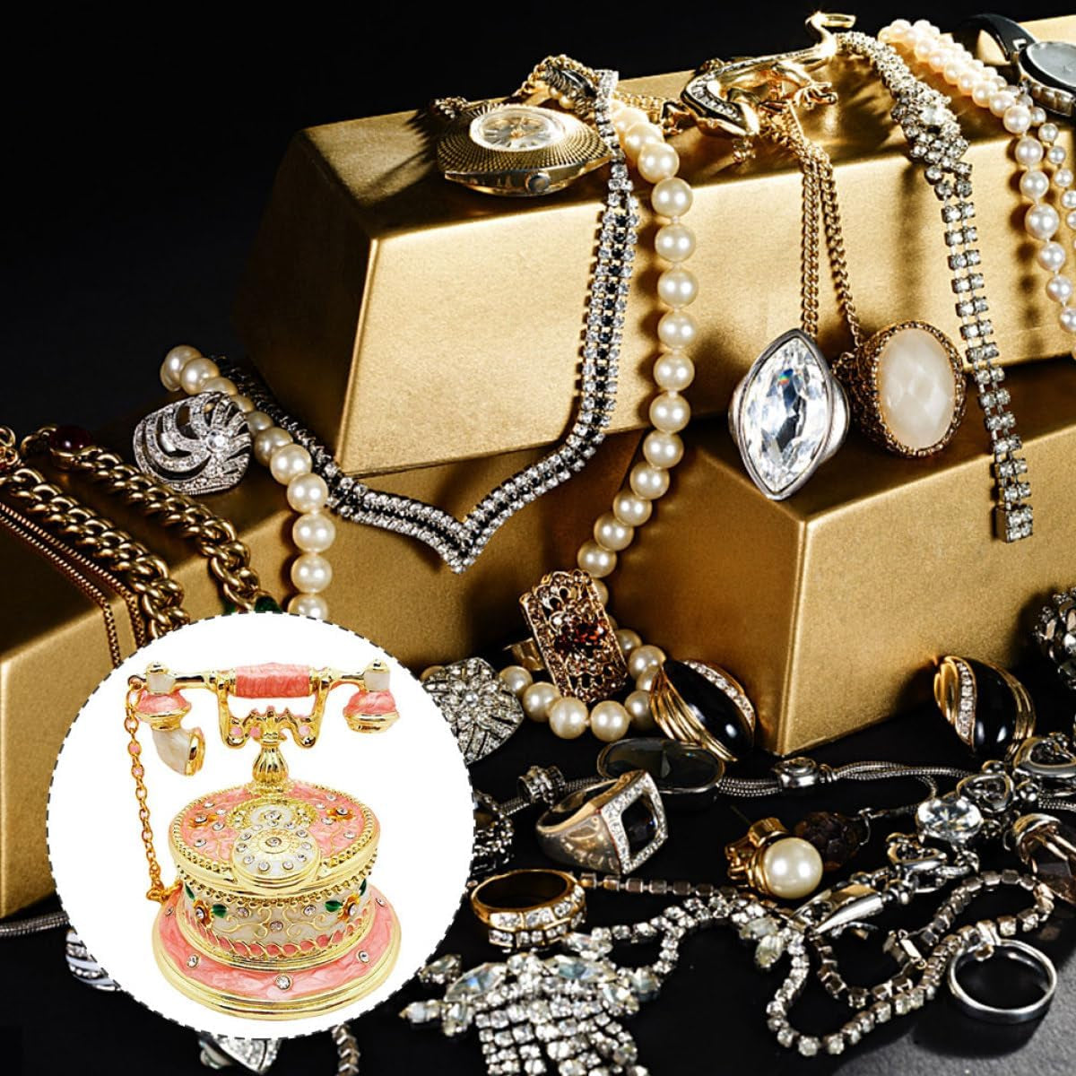 Vintage Phone Jewelry Box Schmuckkästchen mit Goldakzent - Bild 6