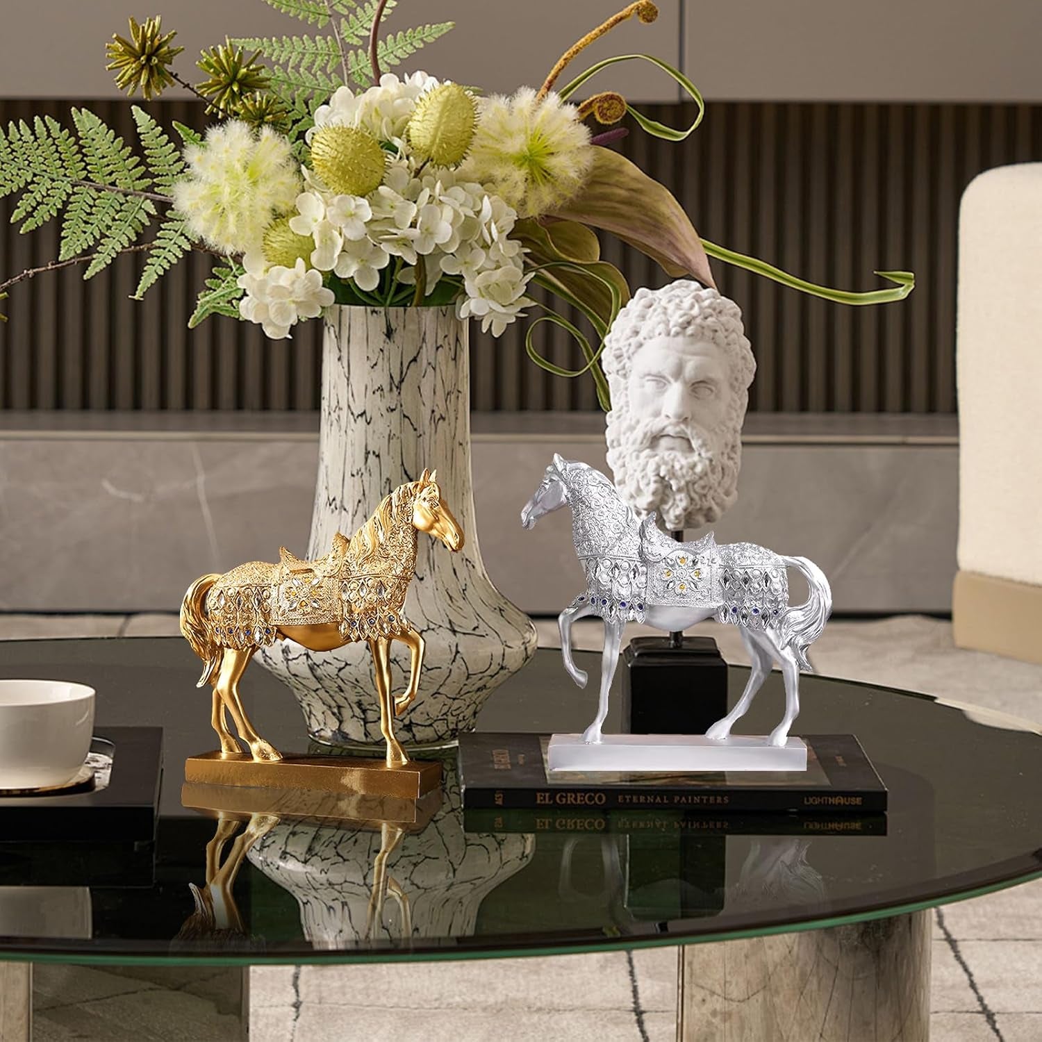 Pferd Figurine Aus Resin, Feng Shui Pferdeskulptur Für Home-Office, Schreibtisch & Weinregal, Tier Kunst Deko, 26X6.5X26Cm, 800G (Gold)
