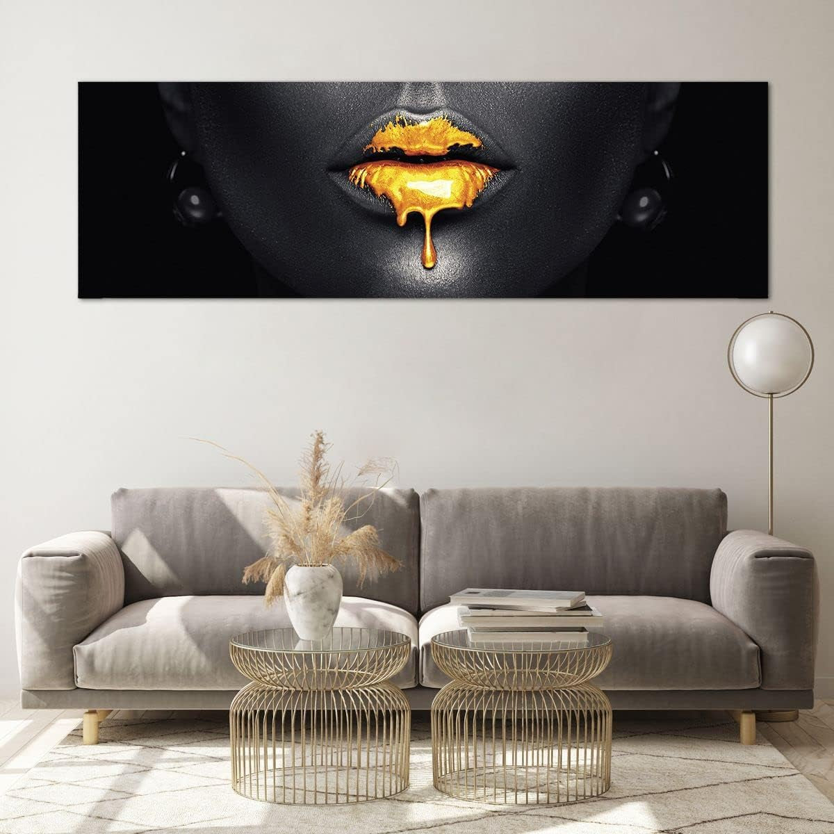 Golden Lips Glasbild XXL | Panorama Wandbild 160 x 50 cm