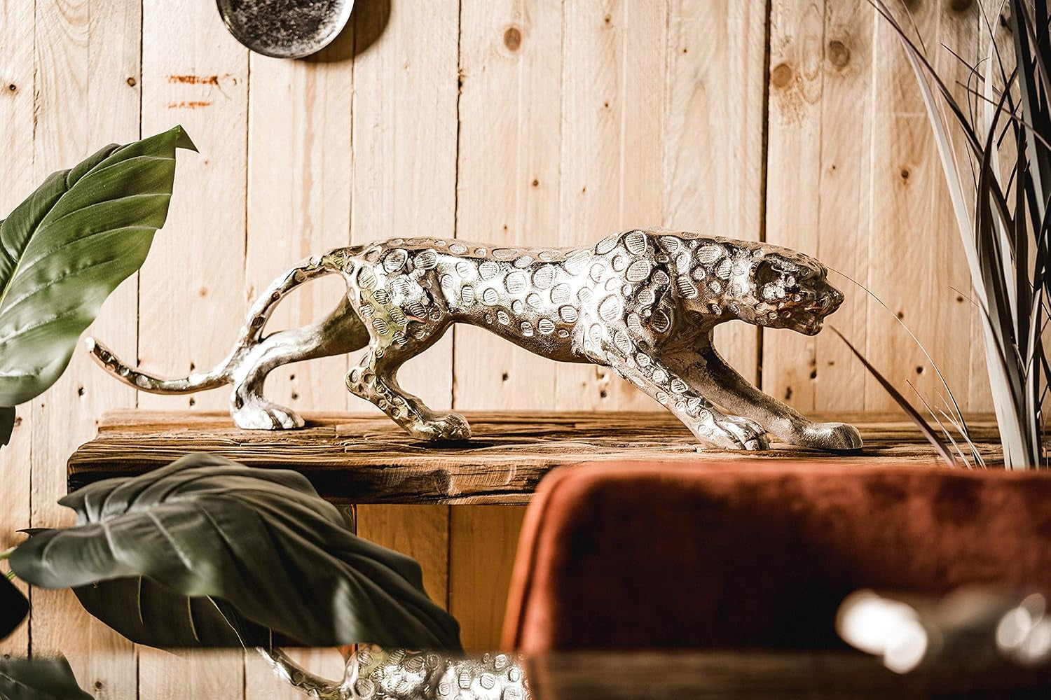 Aluminium Leopard Silver | Raubkatzen-Skulptur 75 cm