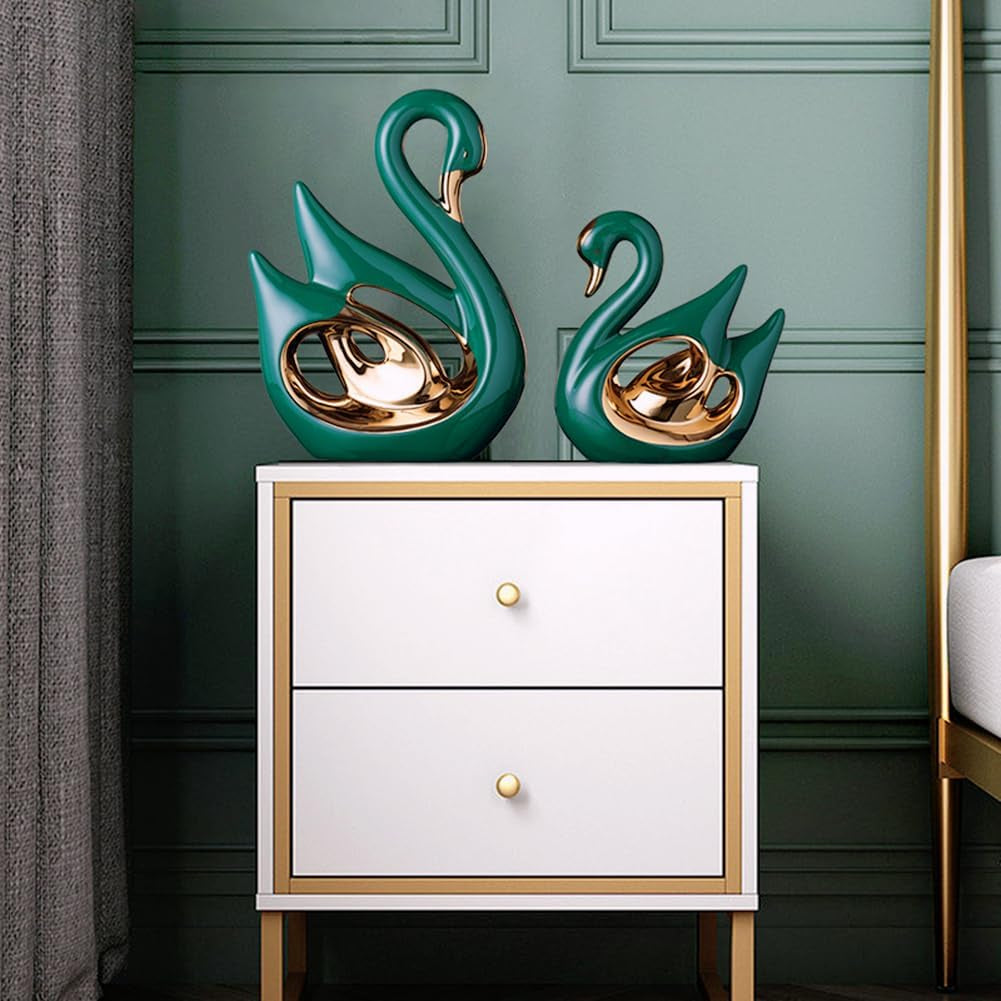 Swan Duo Gold-Grün Keramik-Skulpturen-Set