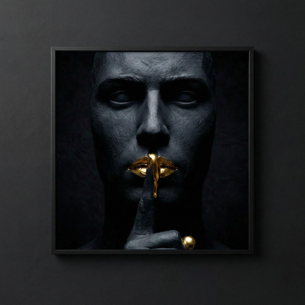 [THE GOLDEN SILENCE |Statue in Obsidian-Optik mit vergoldeten Lippen| Luxus Wandbild für Strategen | High-Res Download] - Luxus Wandbild mit 24 Karat Gold | Dark Luxury Interior & Wanddekoration.