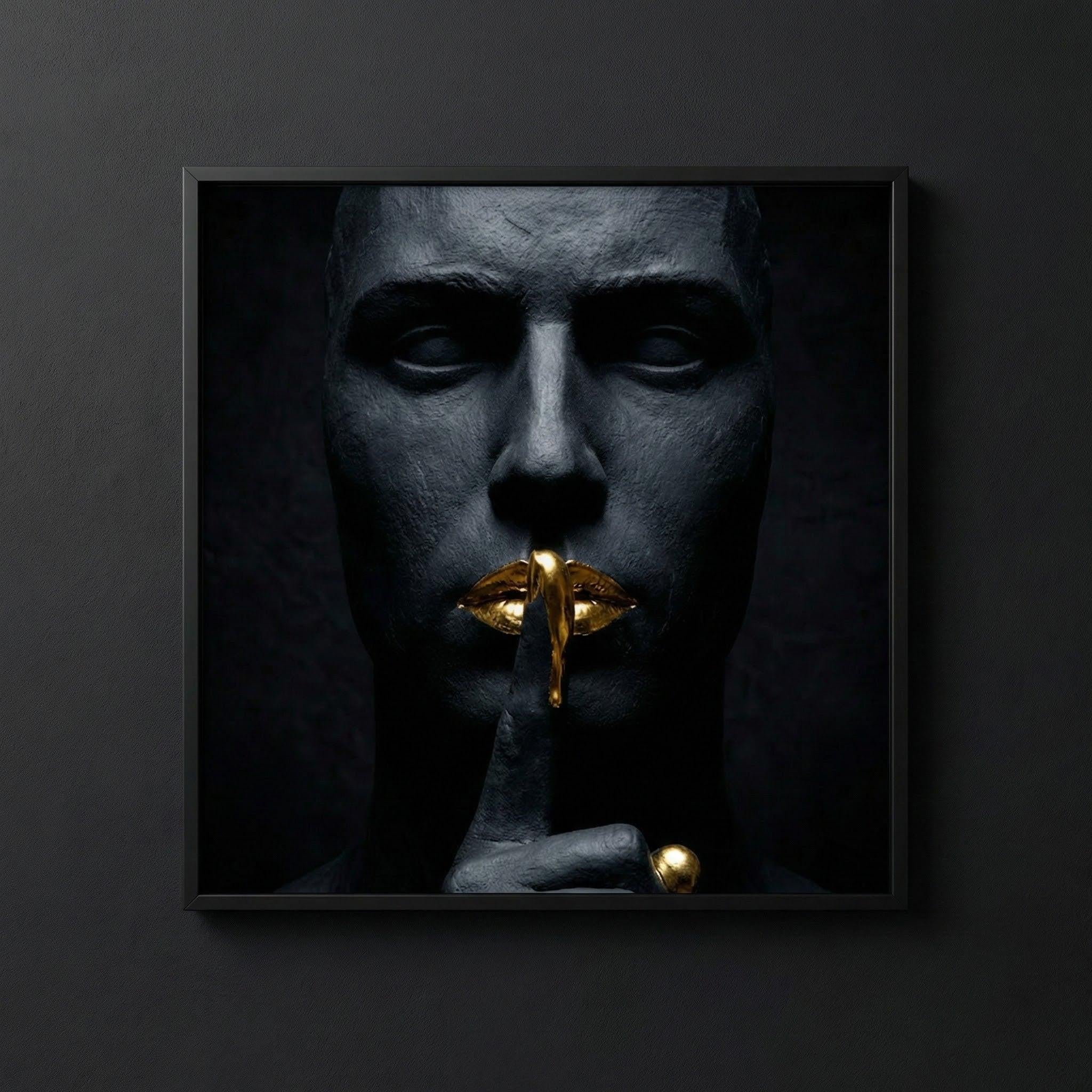 [THE GOLDEN SILENCE |Statue in Obsidian-Optik mit vergoldeten Lippen| Luxus Wandbild für Strategen | High-Res Download] - Luxus Wandbild mit 24 Karat Gold | Dark Luxury Interior & Wanddekoration.