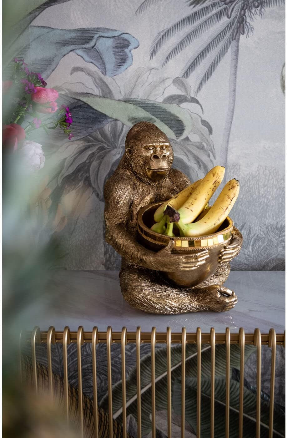 Kare Design Figur Gorilla Holding Bowl, Gold, Ø8Cm Stellfläche Schüssel, Deko, Handgearbeitet, Unikat, Einzelstück, Höhe 41Cm