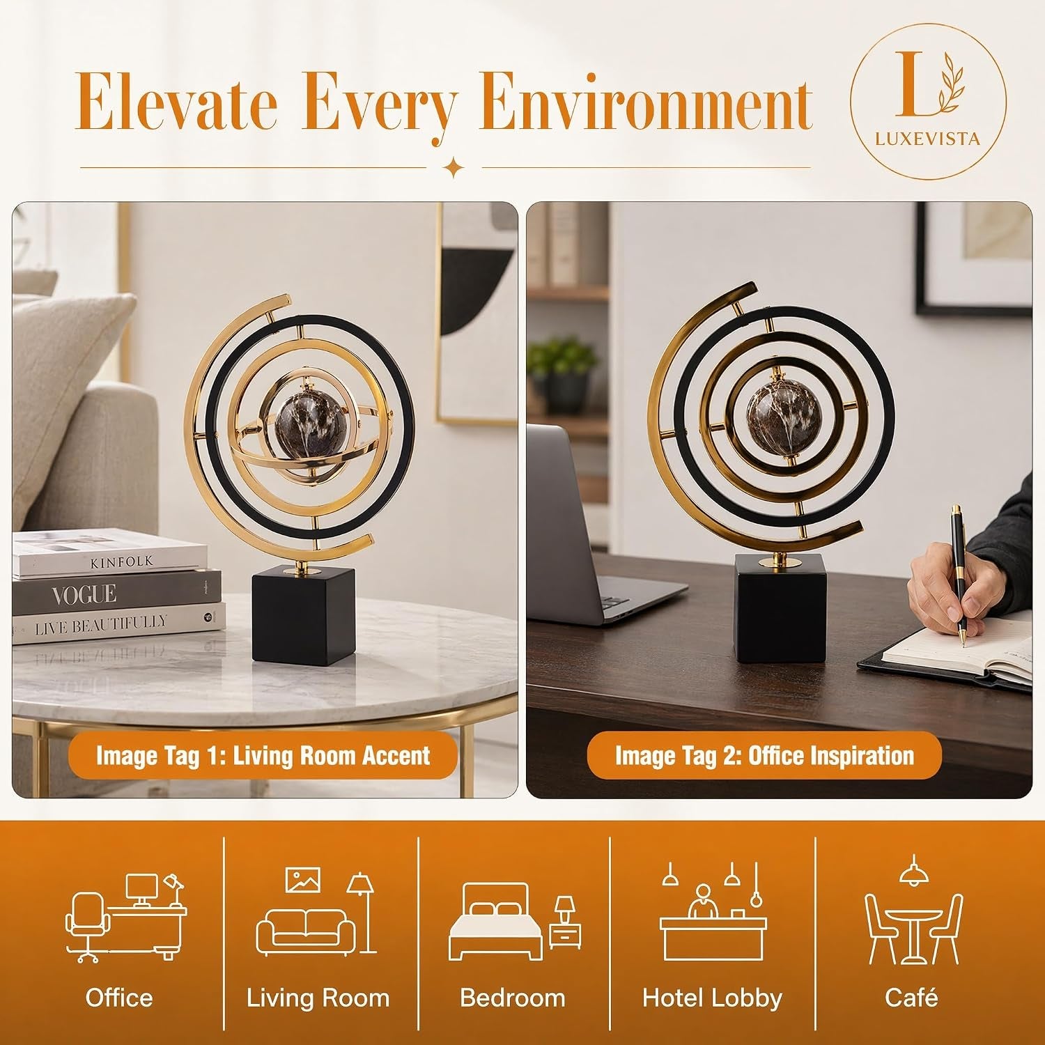 Metall Globus Deko Schwarz Gold, Abstrakte Skulptur Und Moderne Schreibtisch Deko, Stabiles Büro Accessoire Und Regal Dekoration, Elegantes Kunstobjekt Als Geschenk Für Einweihung