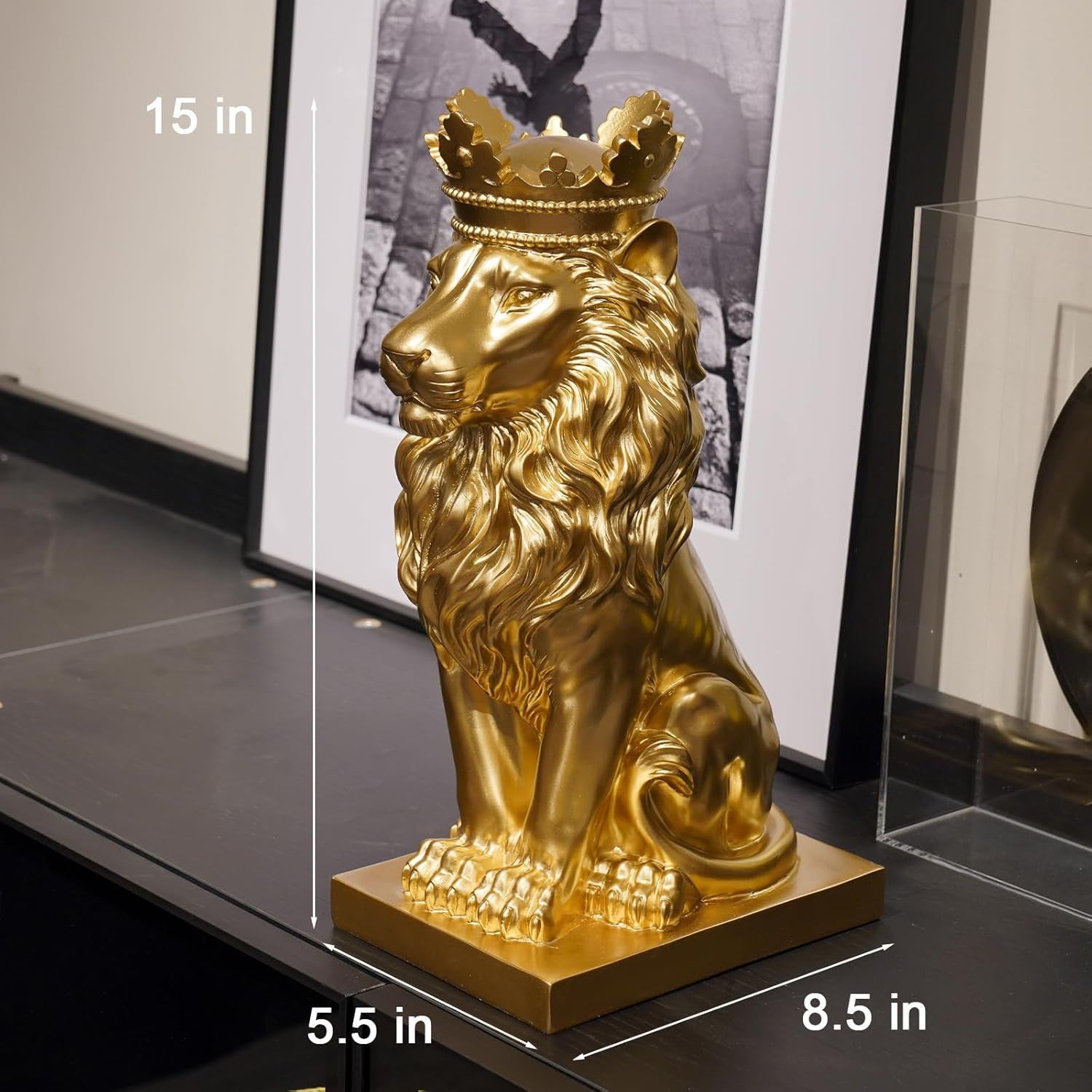 Gold Room Decor Lion Statue - Gold Statue Lion Figur House Decorations with Crown Lion Statuen Home Decor Lion Decoration Decor for Living Room Gold Decor 8.5 * 5.5 * 15 Inch