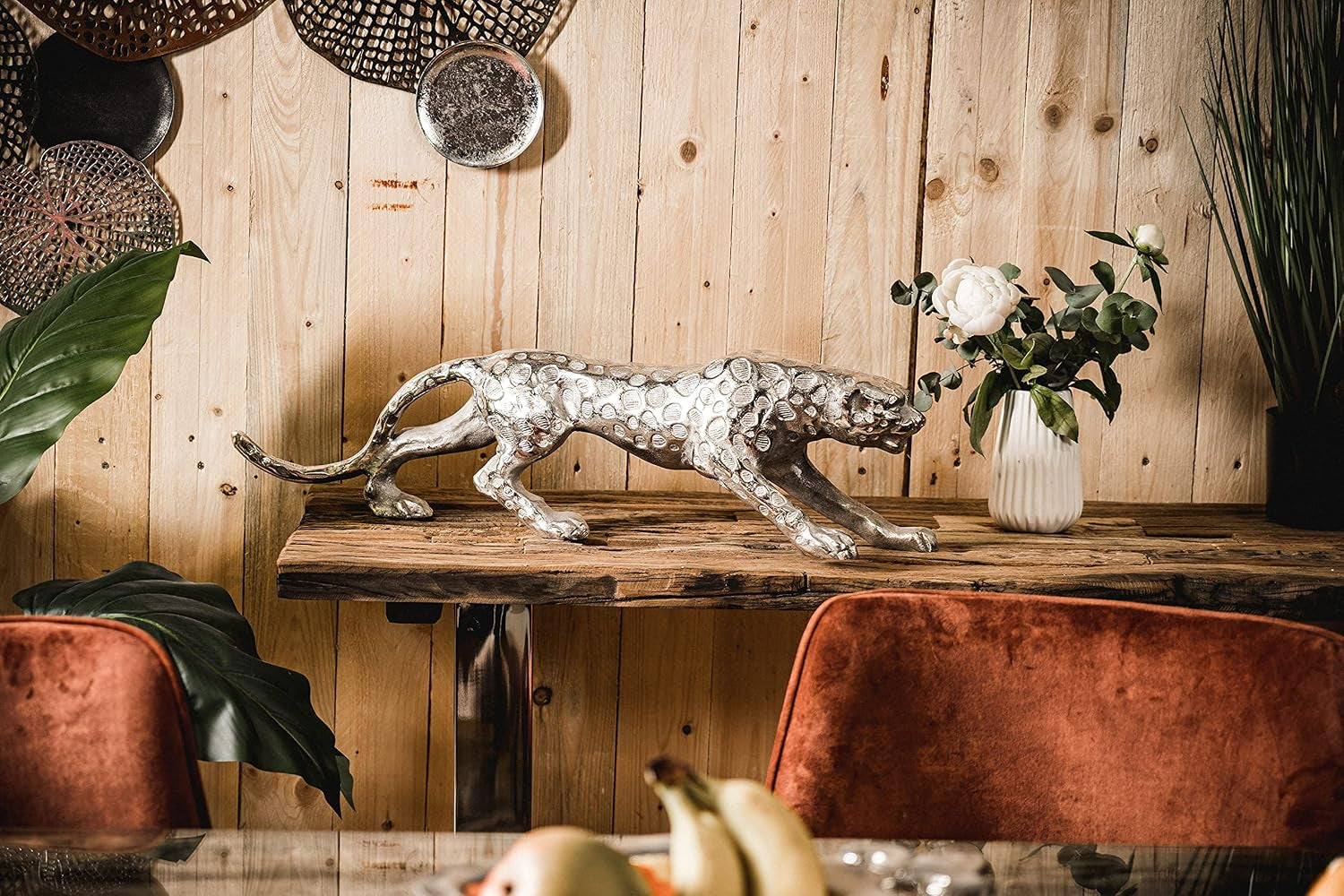 Aluminium Leopard Silver | Raubkatzen-Skulptur 40 cm