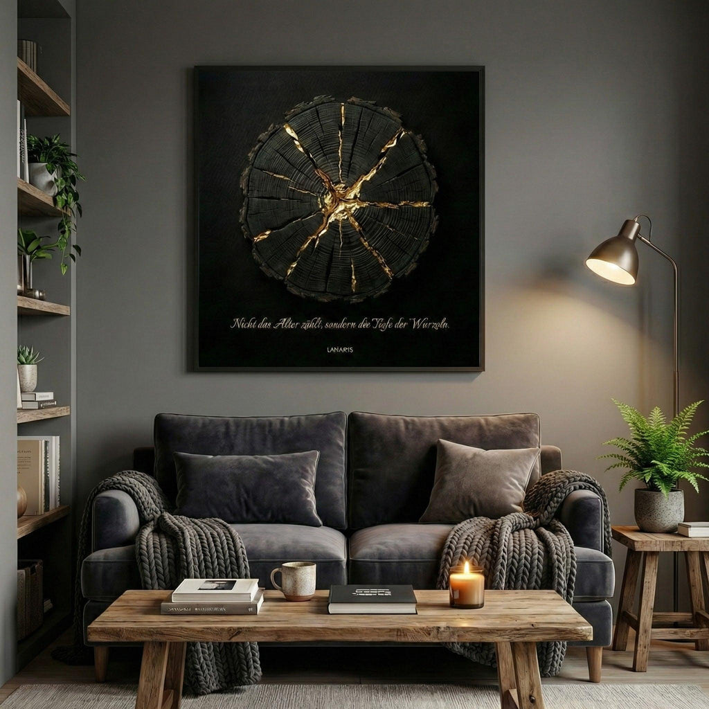 [Wandkunst „Tiefe der Wurzeln“ – Goldene Kintsugi-Ästhetik auf tiefschwarzem Grund | LAFFARTS] - Luxus Wandbild mit 24 Karat Gold | Dark Luxury Interior & Wanddekoration.